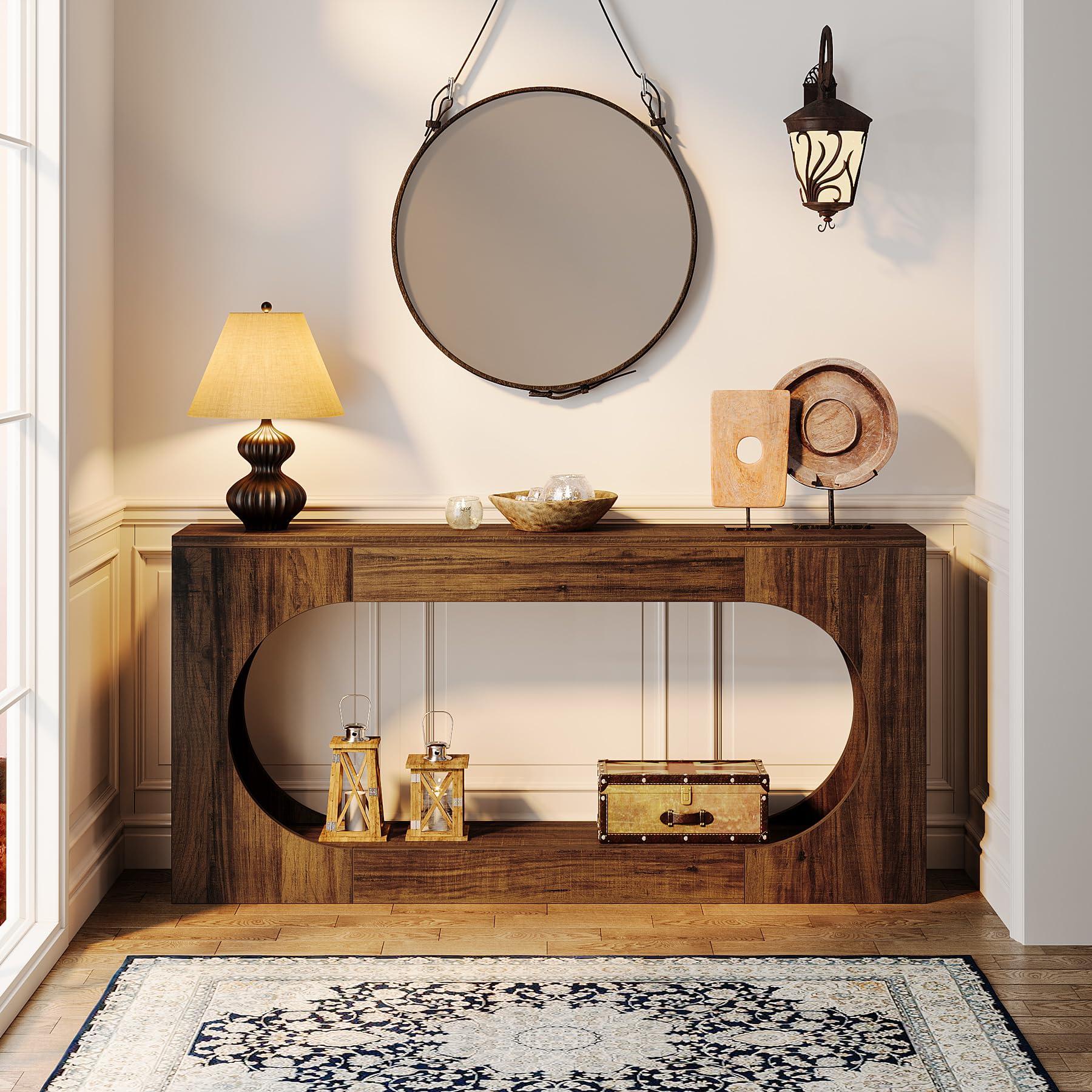 Console Table, 63 Inches Narrow Sofa Entryway Table with 2-Tier Storage Shelf, Hallway Behind Couch Table Accent Table for Living Room, Rustic Brown