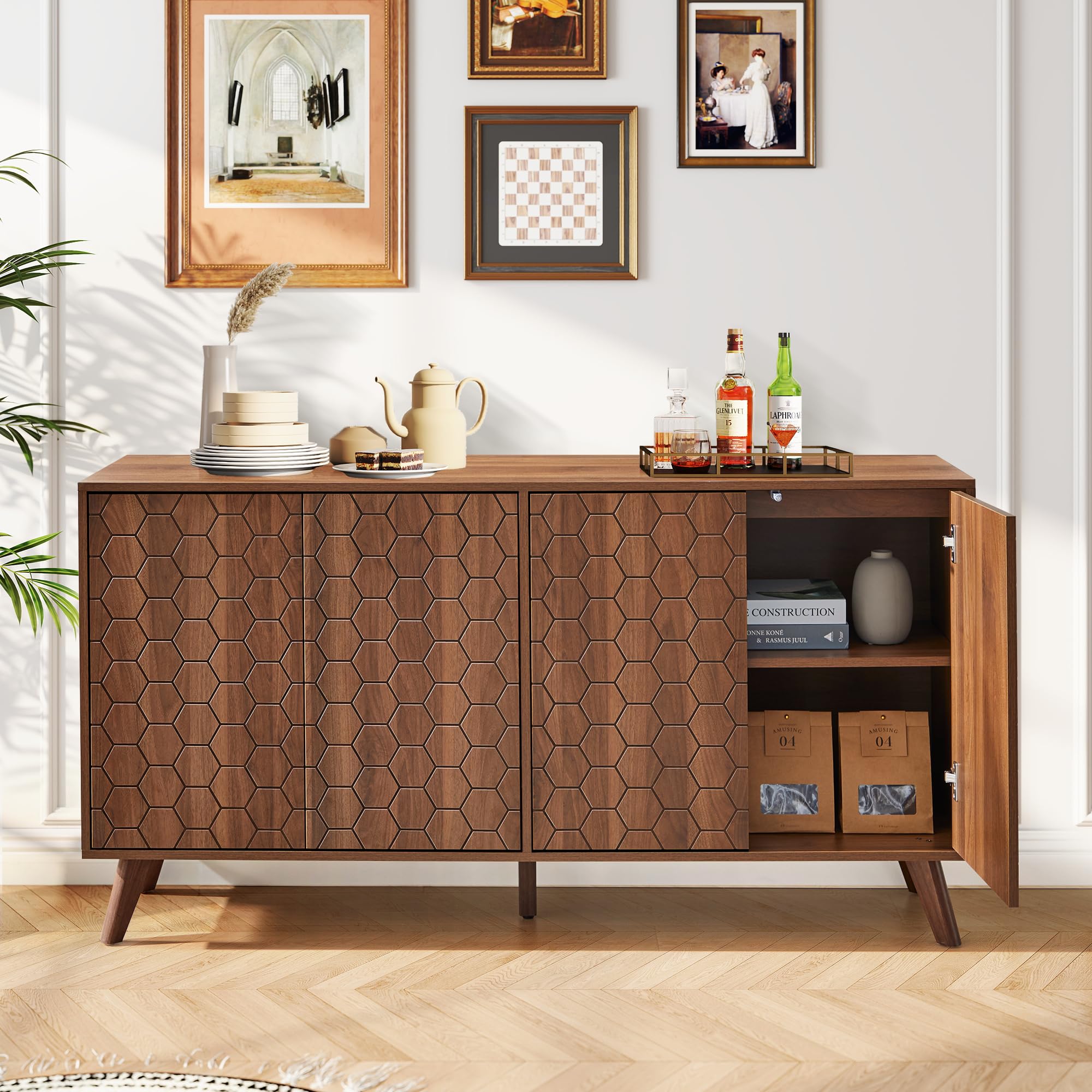 58'' Large Sideboard Buffet Cabinet with Storage, Mid Century Modern Storage Cabinet with 4 Doors & Shelves, Wooden Credenza Coffee Bar TV
