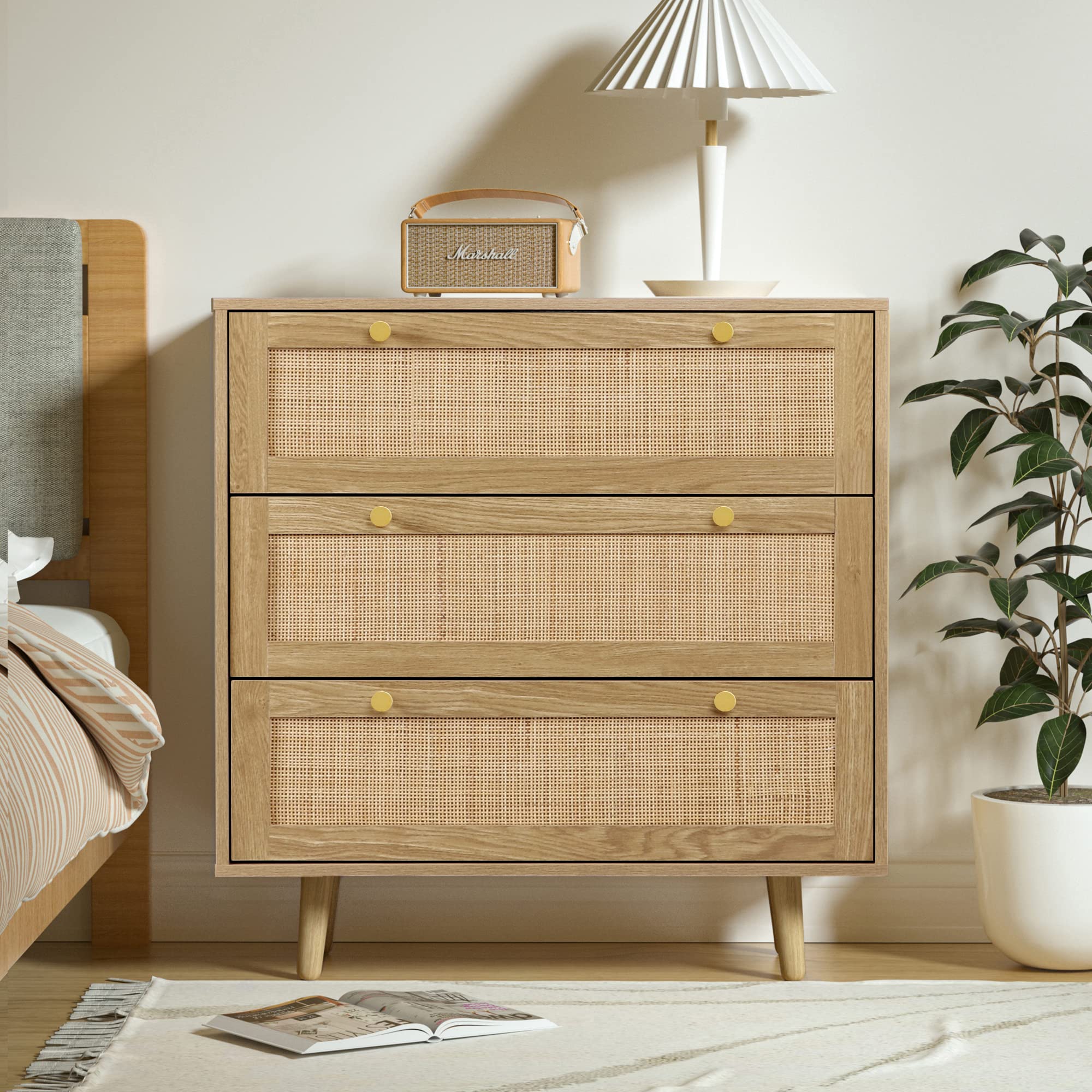 3 Drawer Dresser for Bedroom, Rattan Dresser Modern Wood Chest of Drawers with Spacious Storage for Bedroom Hallway Living Room, Rustic Oak, H0027