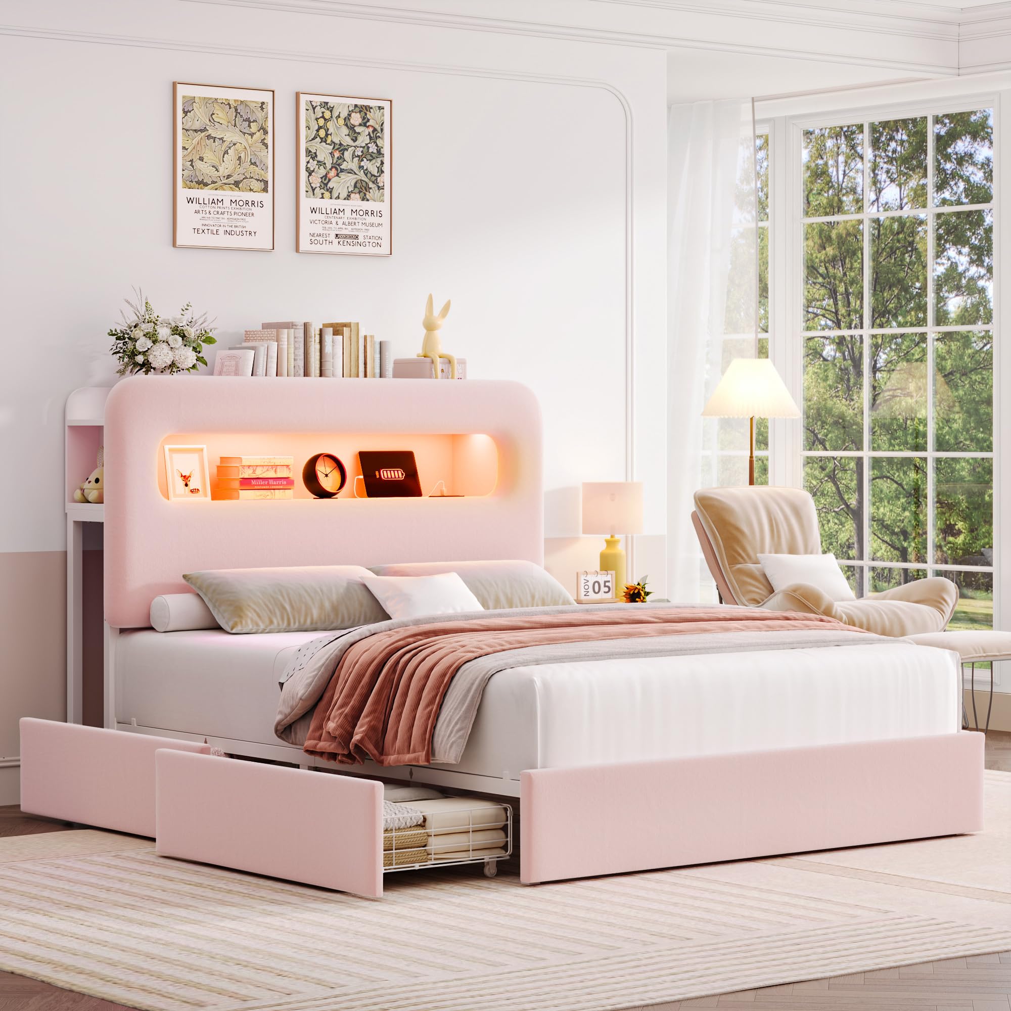 Full Size Velvet Upholstered LED Bed Frame with Storage Headboard, 4 Drawers, USB Charging Ports, No Box Spring Needed – Pink