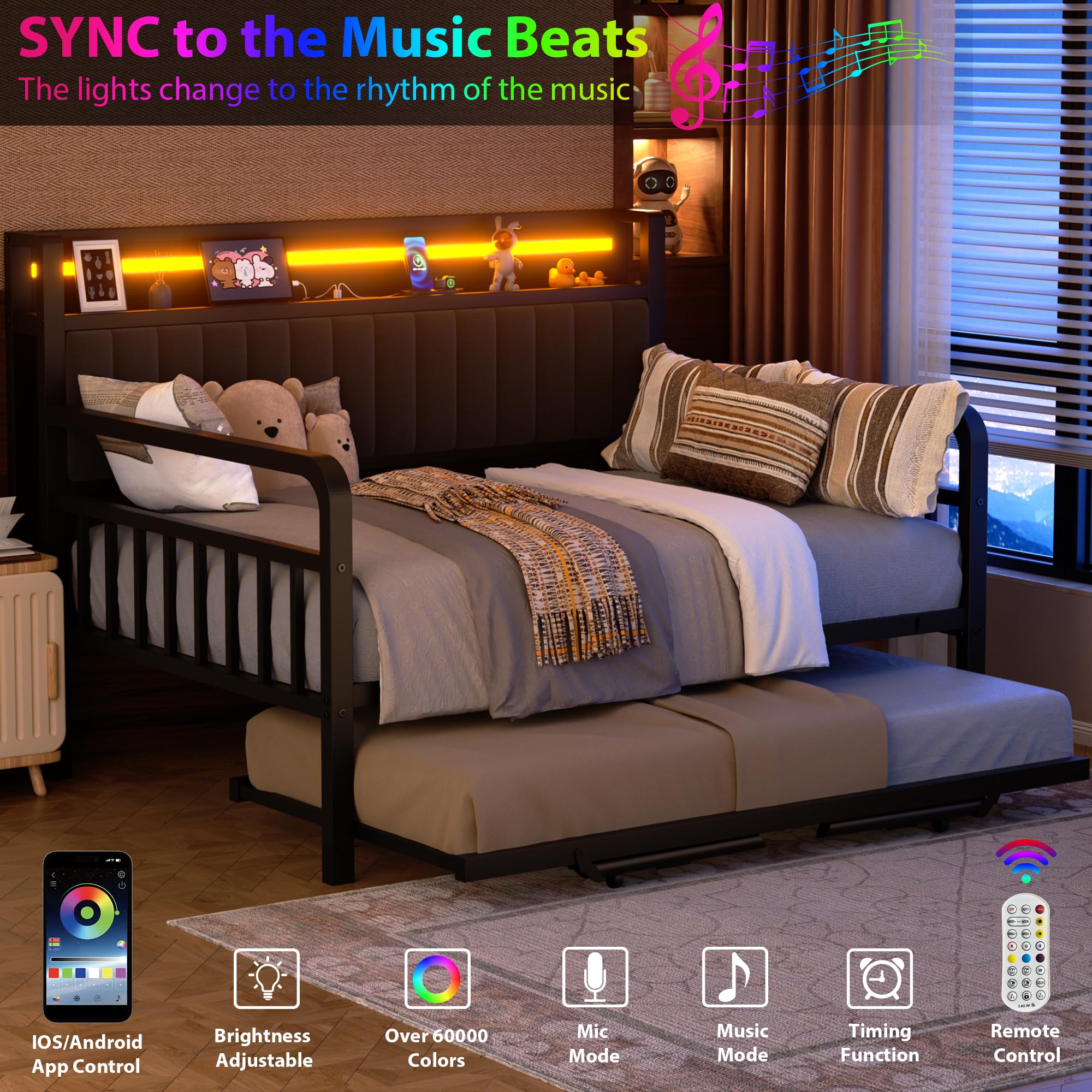 Full Daybed with Pop-Up Trundle, LED Light, Upholstered Storage Headboard & Charging Station, Heavy-Duty Metal Frame, Black