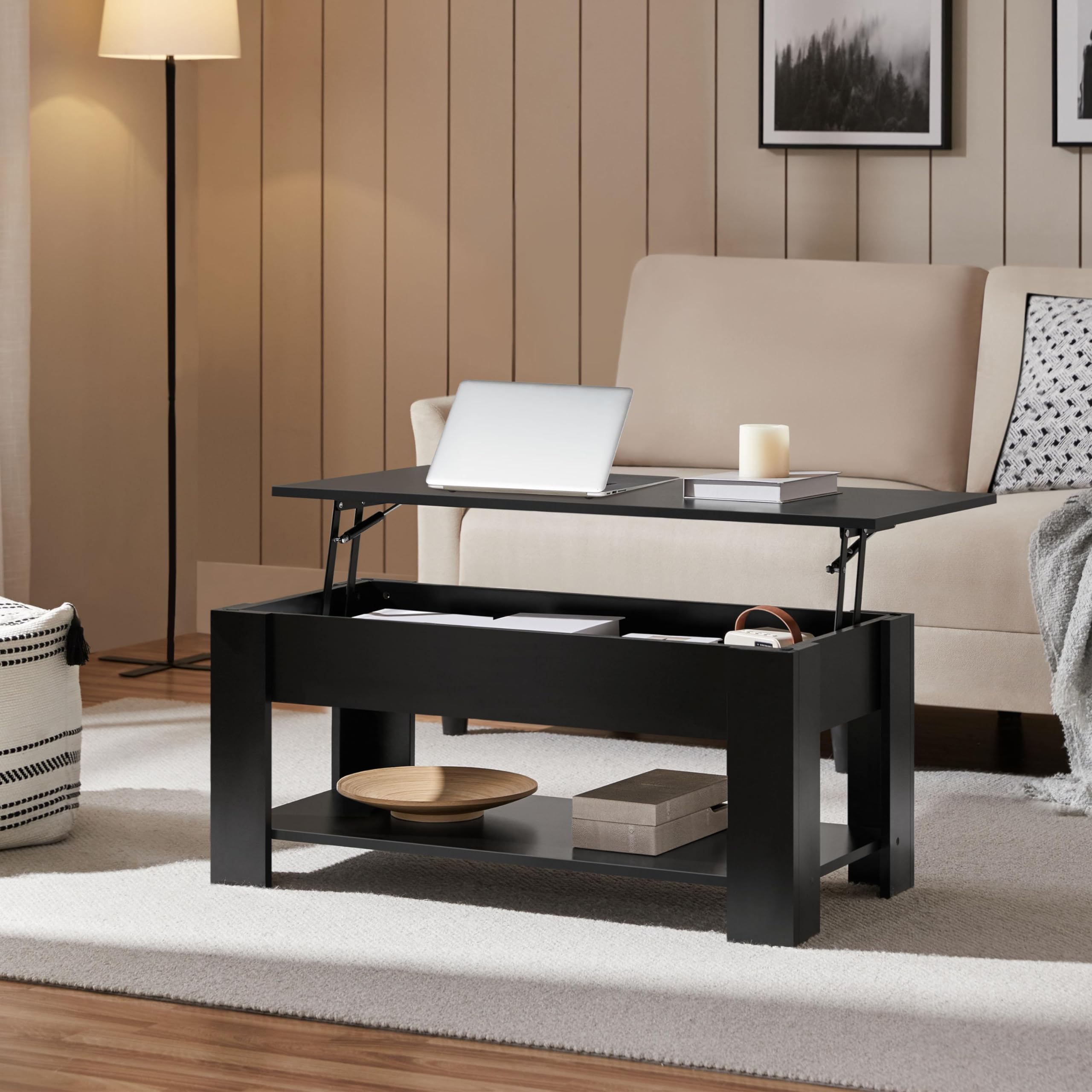 Wooden Coffee Table, Lift Top Coffee Table with Large Hidden Storage Shelf, Lift Tabletop Dining Tables for Living Room, Home Small Space, 3