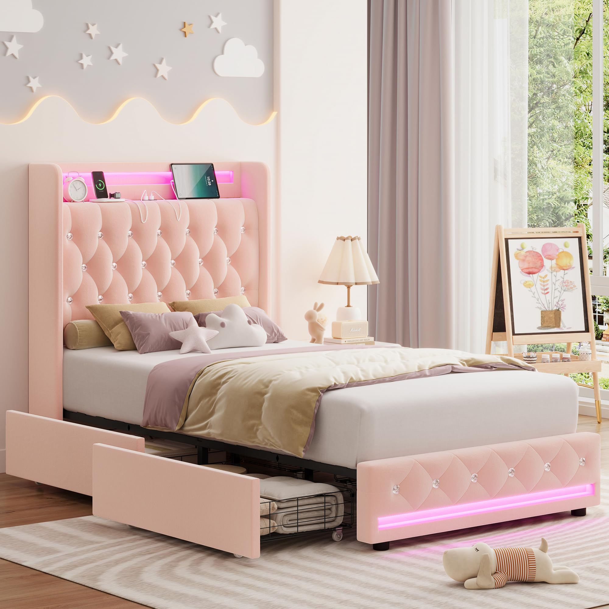 Upholstered Twin LED Bed Frame with Charging Headboard & 4 Drawers, Velvet Tufted Princess Bed for Girls, No Box Spring Needed, Pink