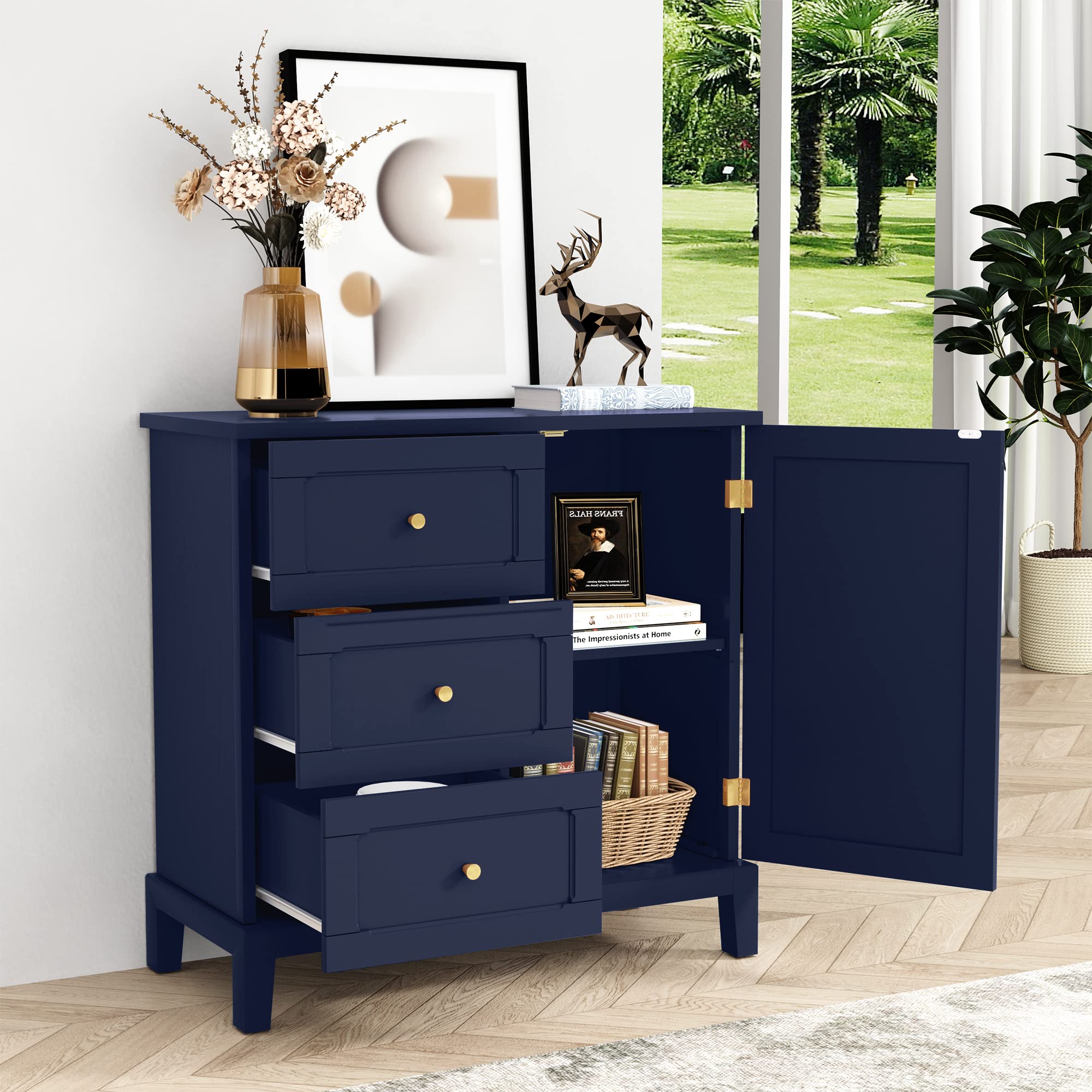 Accent Cabinet with 3 Drawers and Door, Wooden Storage Cabinet with Shelves, Sideboard for Living Room, Entryway, Navy Blue
