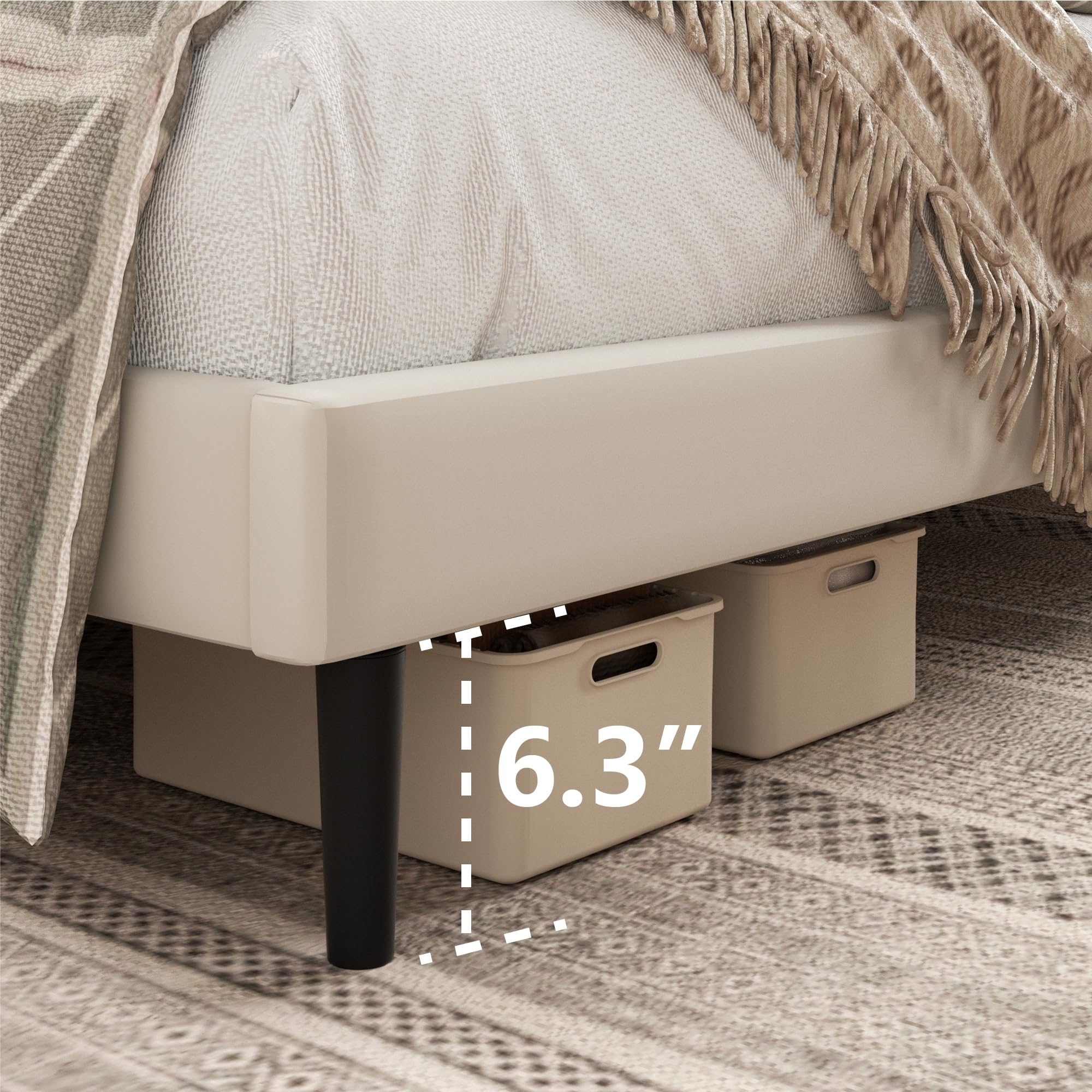 King Size Bed Frame,King Size Platform Bed Frame and Velvet Upholstered Headboard with Strong Wood Slats, Box Spring Optional, ,  Beige
