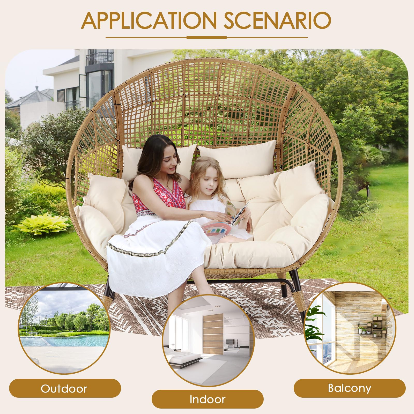 Double Egg Chair for Indoor/Outdoor, 2-Person Oversized Loveseat with Thick Cushions & Cover, 680 lbs Patio Lounge Chair, Beige
