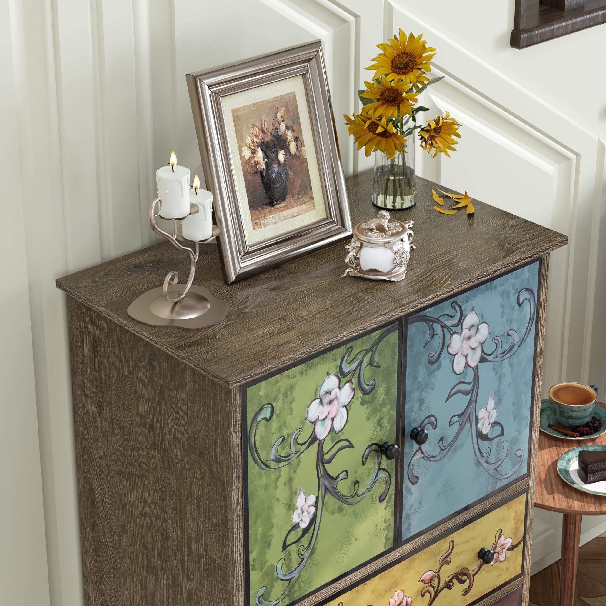 Wood Chest of Drawers, Tall Boho Dresser with Drawers and Doors, 16.1D x 23.6W 42.3H Inch Wood Accent Dresser for Home Office