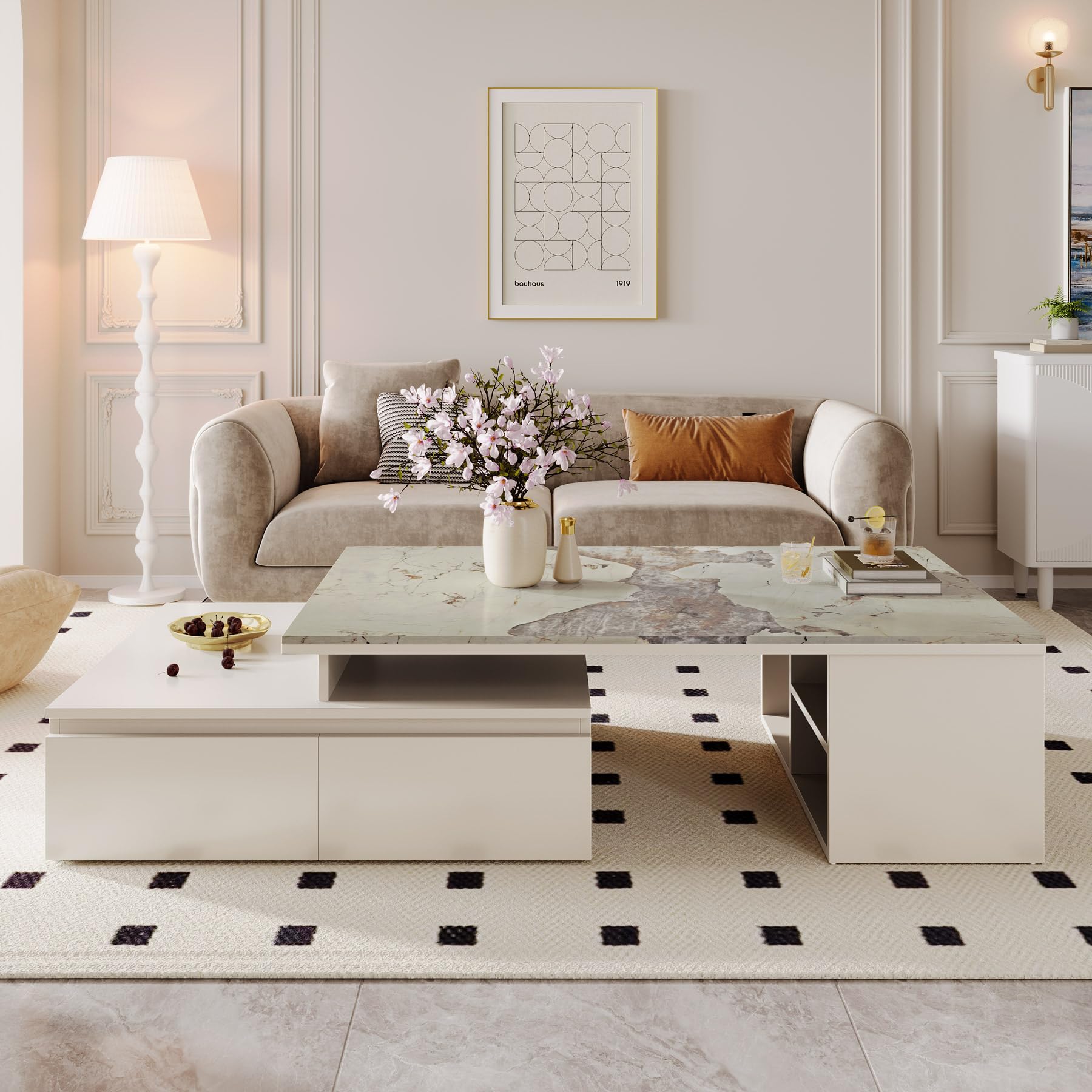 Extendable Tabletop Coffee Table with 4 Drawers & Storage Shelf, Modern from 51-Inch to 71-Inch Center Table for Living Room, Faux Marble Veneer