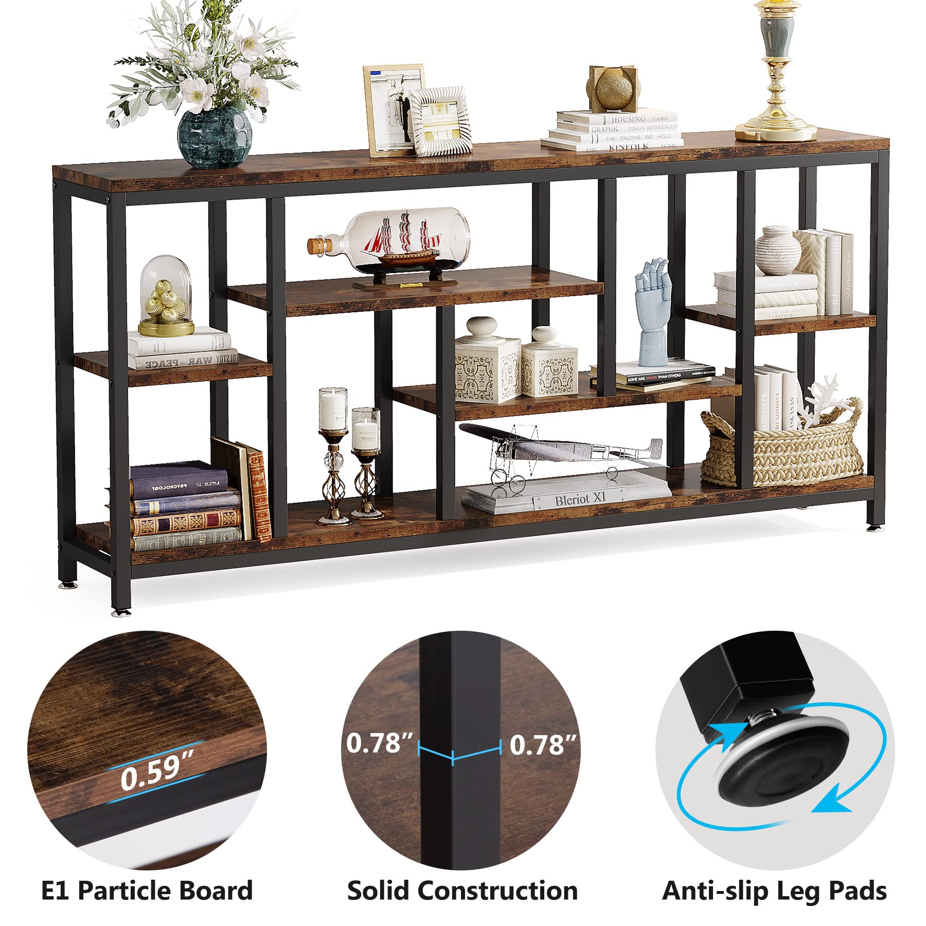 Console Sofa Table, 70.9 inch Extra Long Table Behind Couch with Storage Shelves, 3-Tier Industrial Narrow Entryway Hallway Accent Table for Living Room, Rustic Brown