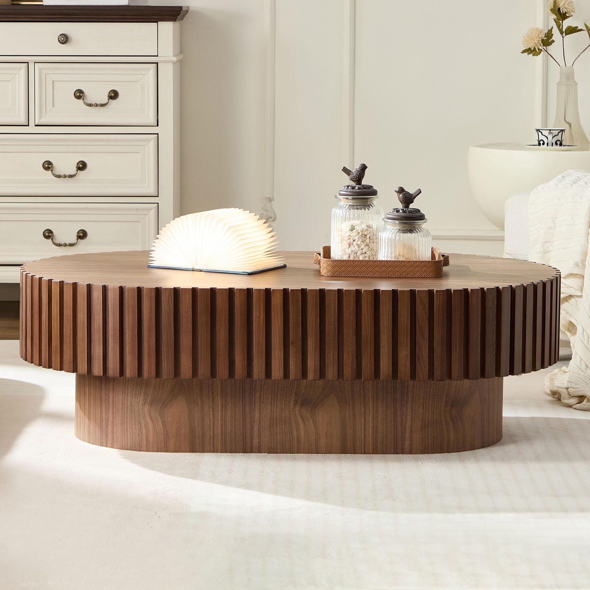 Oval Coffee Table for Living Room Fluted Coffee Table with Pedestal Modern Handcrafted Centre Table Tea Table Easy Assembly 43.7" Walnut