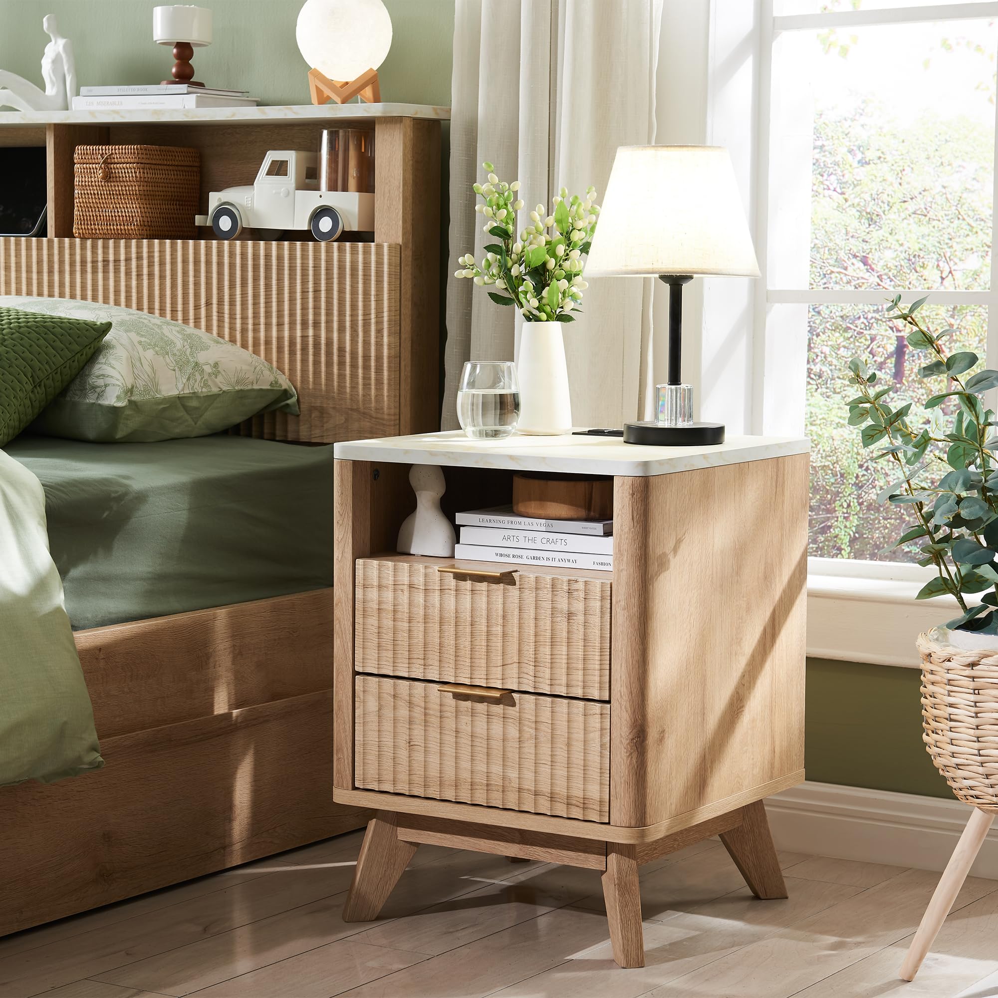Set of 2 Fluted Nightstands with Charging Station, 18" Side Table with Faux Marble Top, 2-Drawer Bedside Table, Natural Oak Finish
