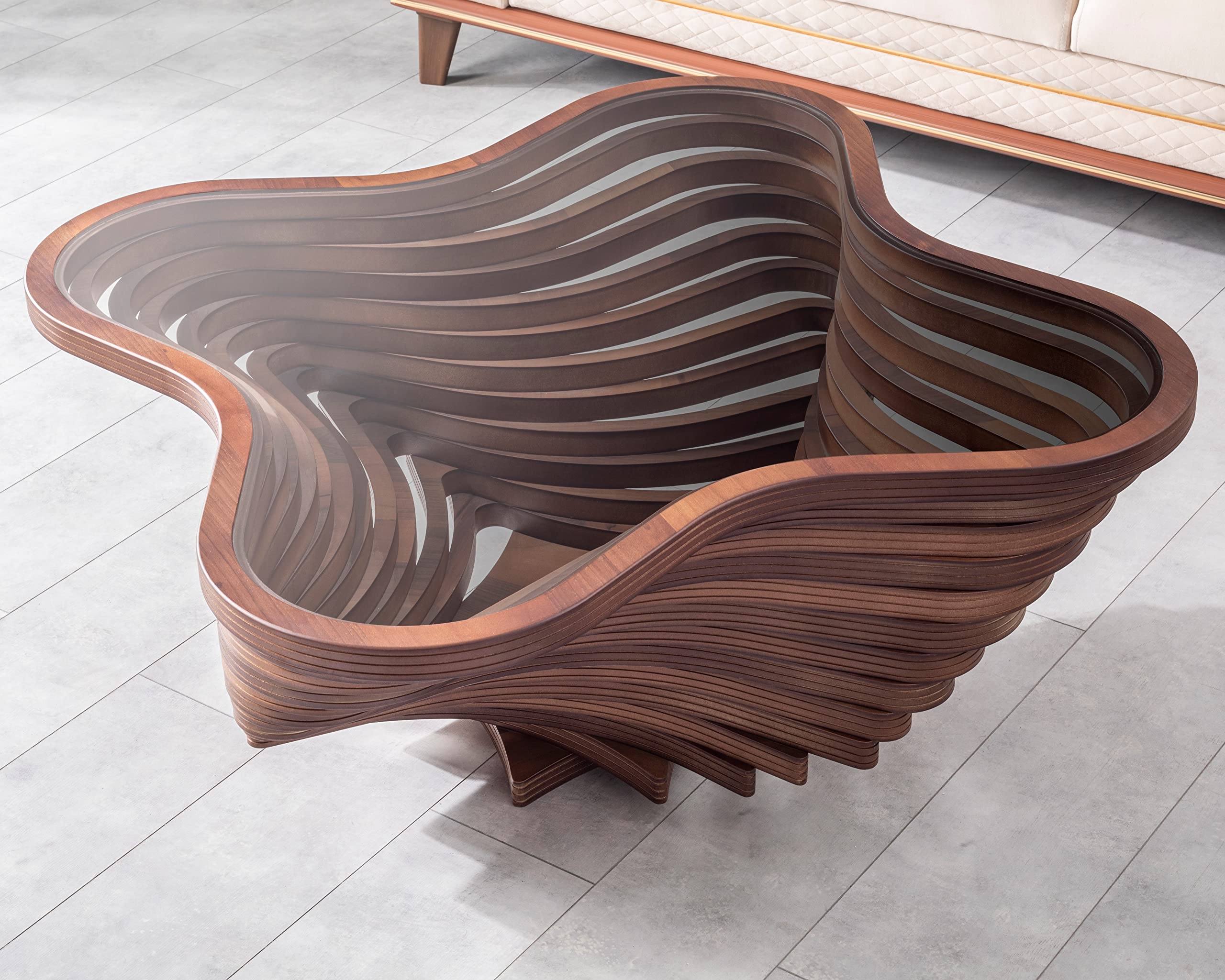 Modern Coffee Table with Tempered Glass Top, Natural Walnut Veneer, Wave Design, Rustic Wood for Living Room, Office, Luxury Decor