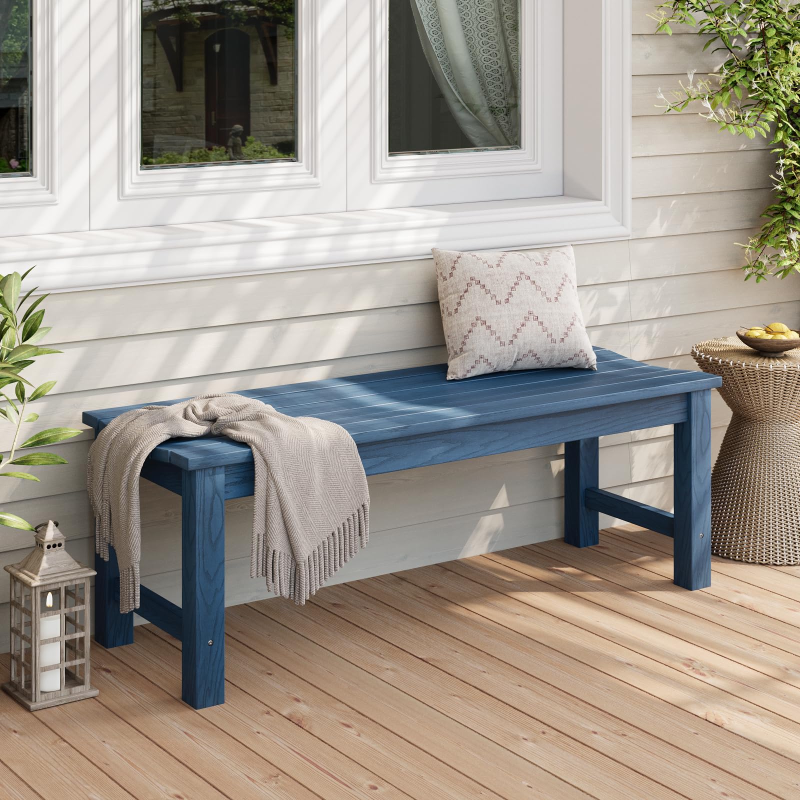 Outdoor Bench, 2-Person Patio Dining Bench, Waterproof Garden Bench, Never Rot or Fade, for Porch, Garden, Deck, and Entryway, Blue