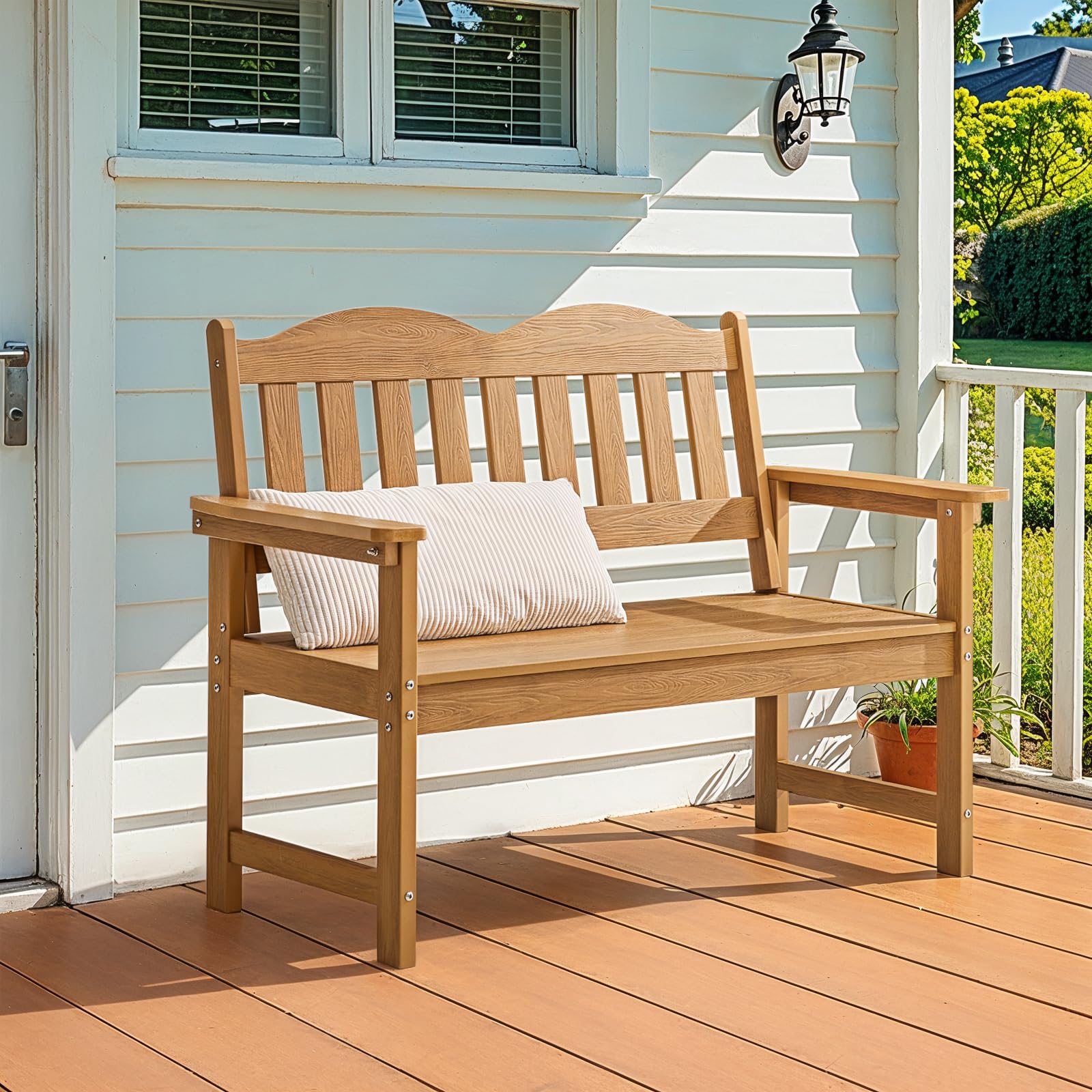 Outdoor Garden Bench, 2-Person Poly Lumber Patio Bench with Armrests, 800 lbs Capacity, All-Weather for Porch, Backyard, Park, Teak
