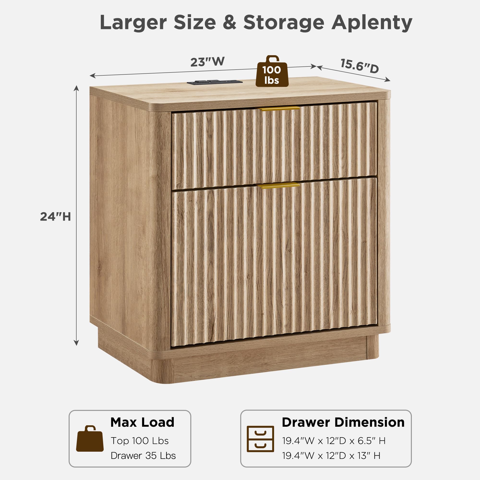23" Fluted Nightstand with Charging Station, 2-Drawer Bedside Table, Modern End Table for Bedroom & Living Room, Natural Oak Finish