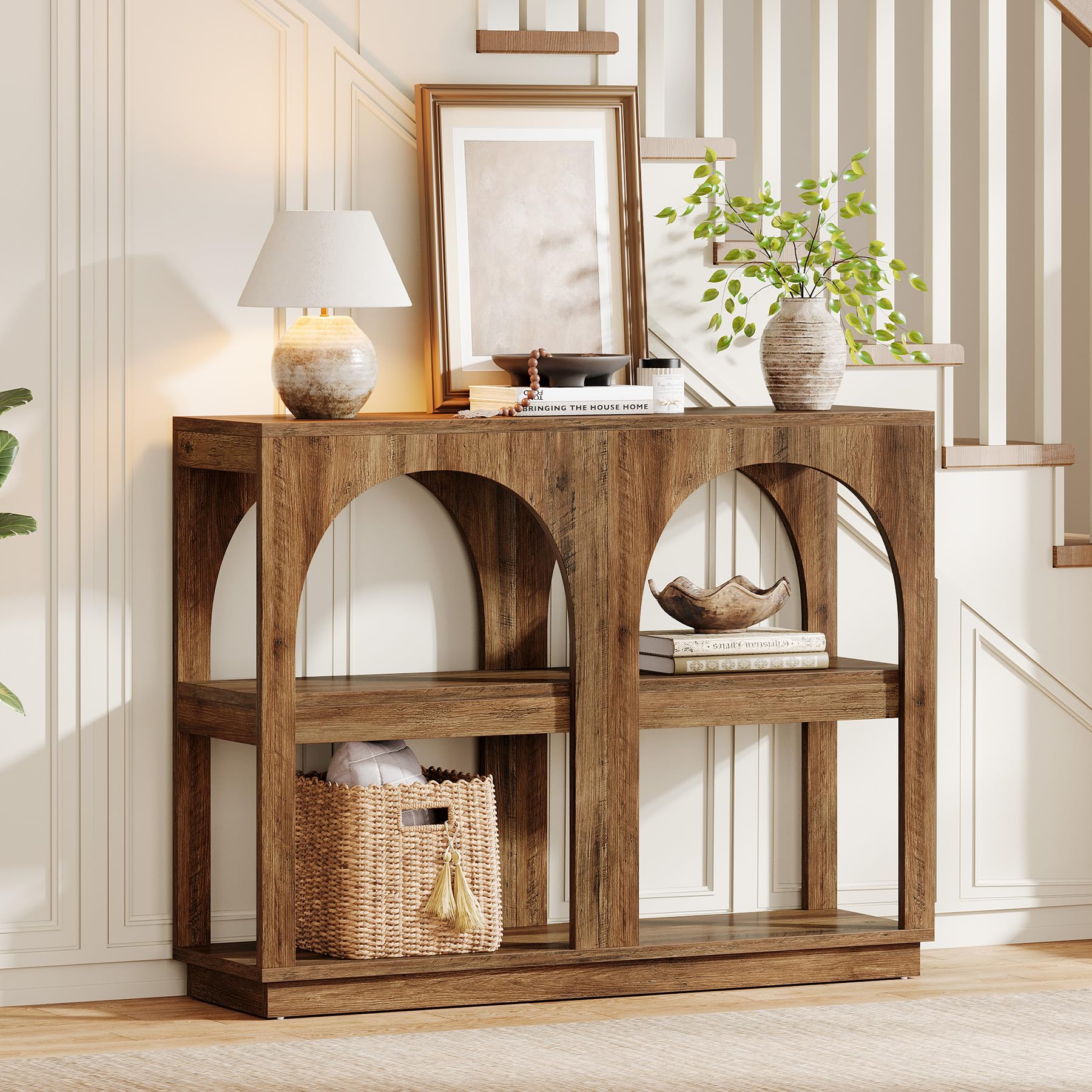 41.3" Narrow Console Table, Mid-Century Modern Entryway Table with Storage, Arched Sofa Table for Small Spaces, Hallway, Living Room, Brown