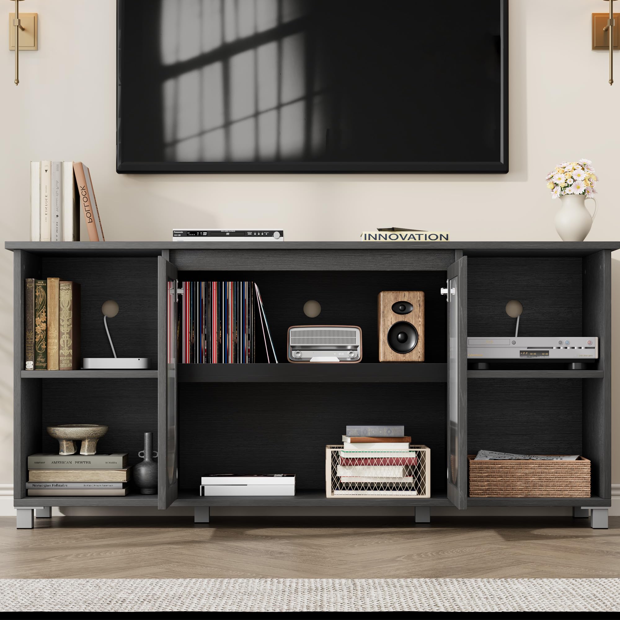 70-Inch TV Stand, Rustic Entertainment Center with Corrugated Glass Cabinet Doors, Media Console with Open Shelves for Living Room, Black