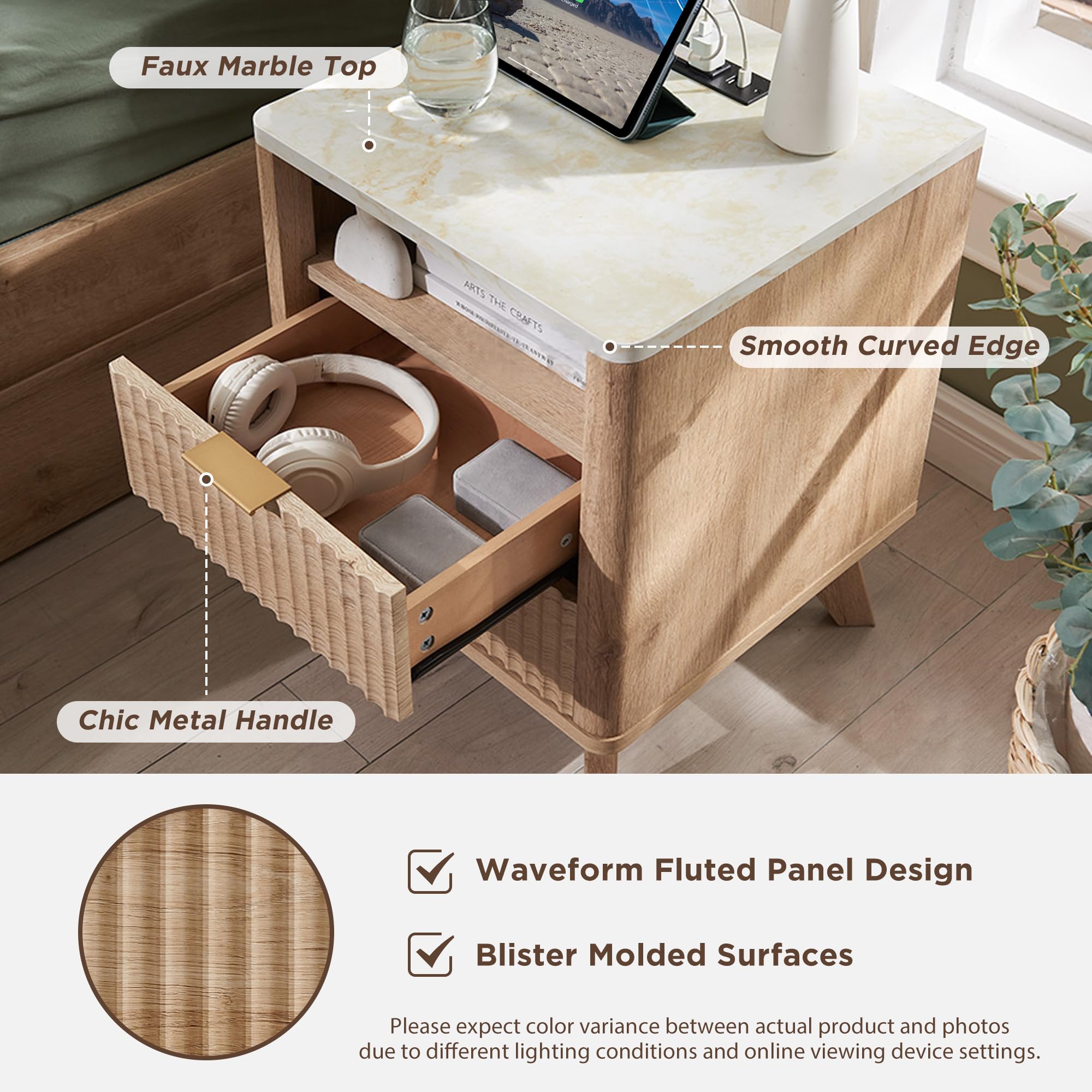 Set of 2 Fluted Nightstands with Charging Station, 18" Side Table with Faux Marble Top, 2-Drawer Bedside Table, Natural Oak Finish