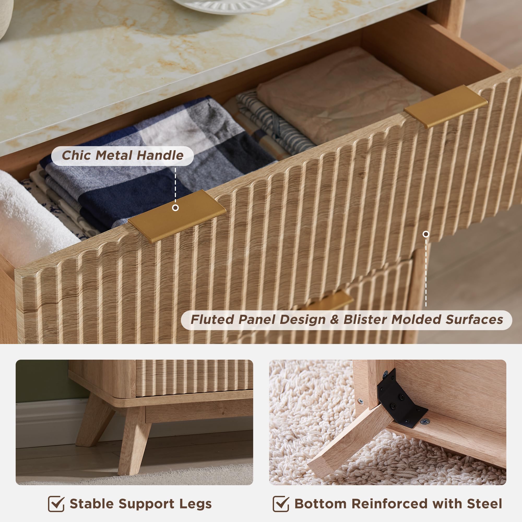 Fluted 6-Drawer Dresser, 54" Wide Modern Chest with Faux Marble Top & Curved Design, Dresser TV Stand for Bedroom, Living Room, Natural Oak
