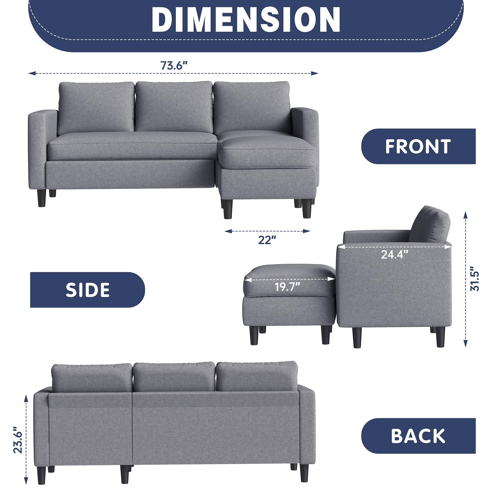 Small Sectional Couch, 3-Seat L-Shaped Sofa with Ottoman, Convertible Fabric Upholstered Sofa for Apartment, Living Room, Office, Dark Grey