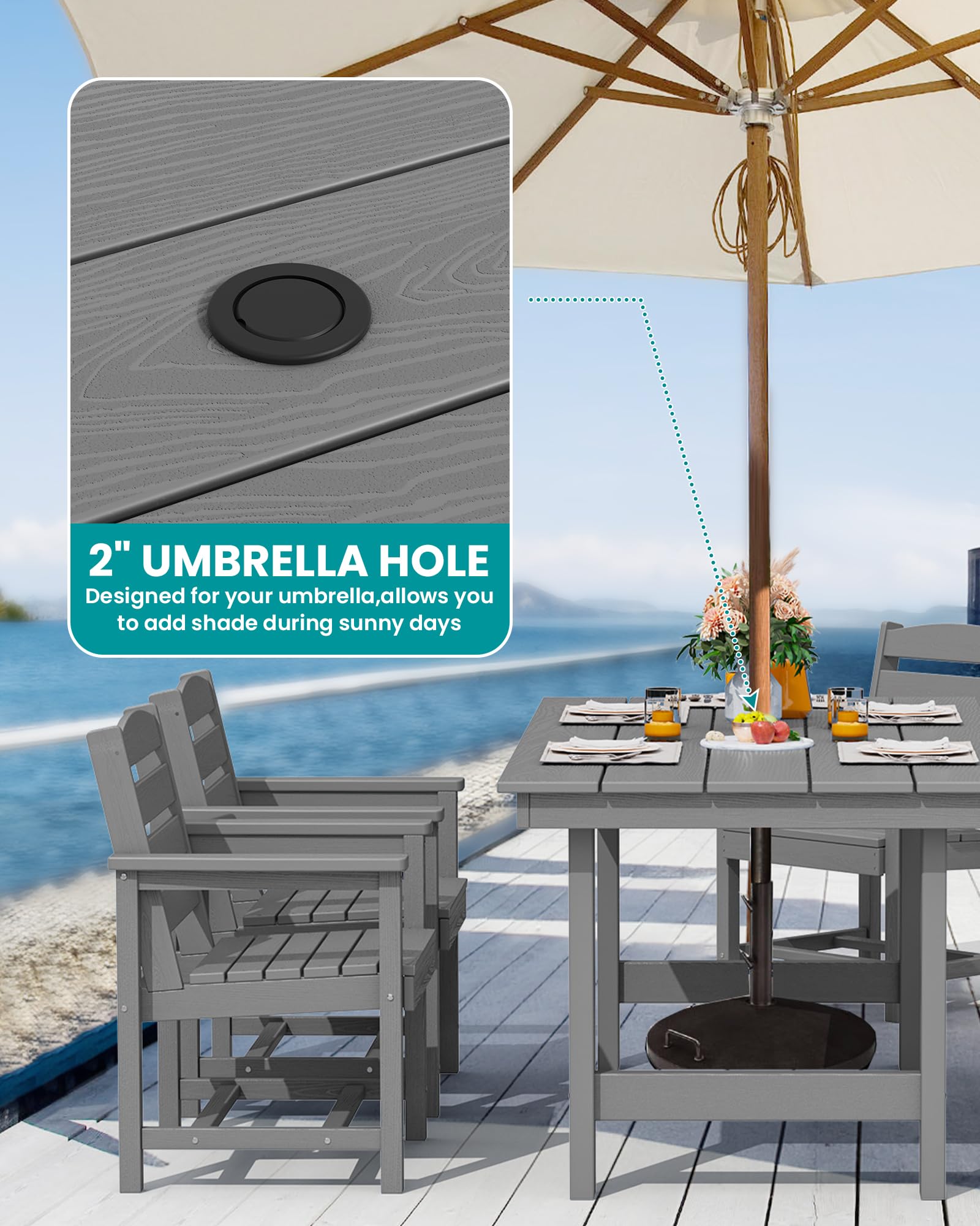 Outdoor HDPE Dining Table Set, 7-Piece Patio Dining Set with Umbrella Hole Table and 6 Chairs, Weather-Resistant, Gray
