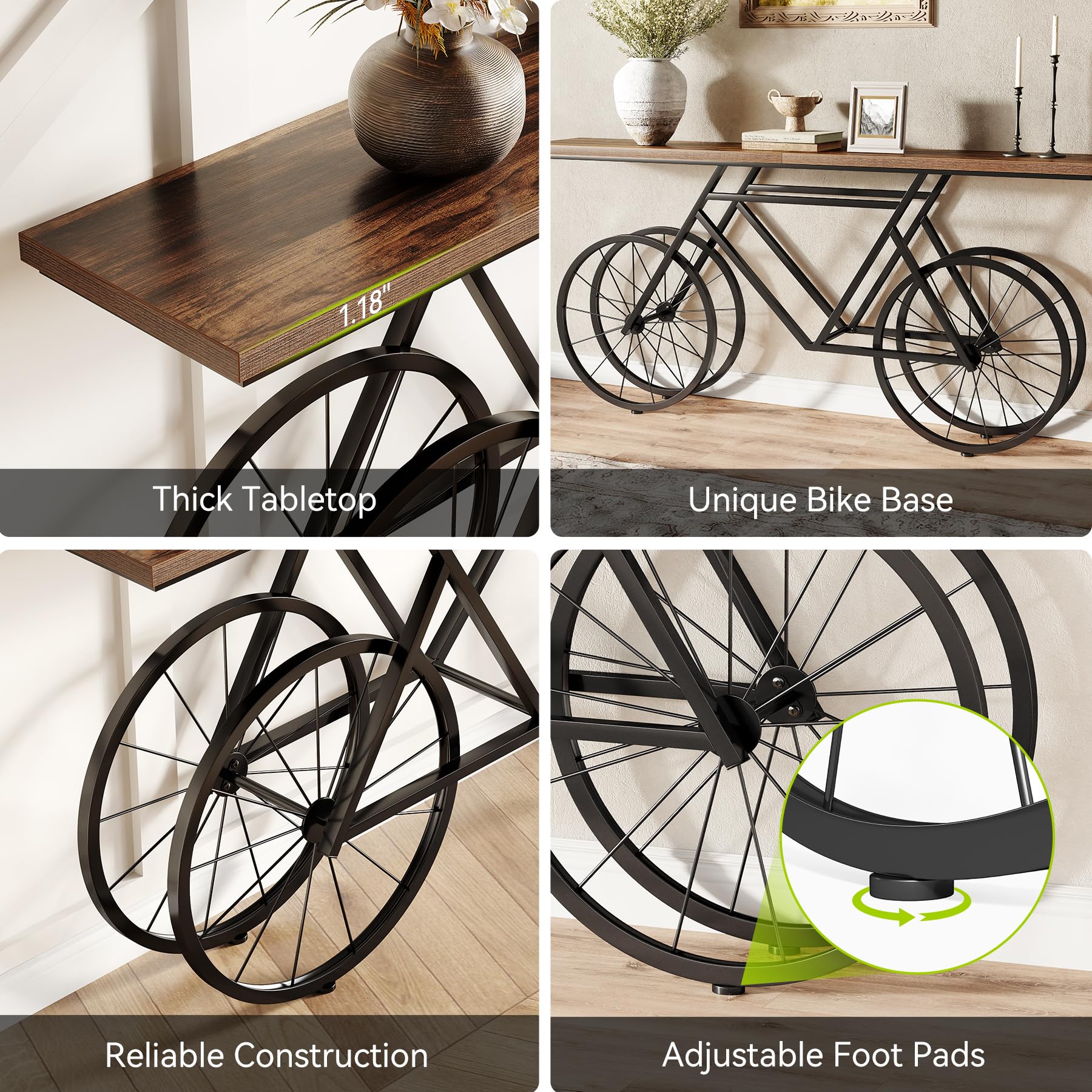 Narrow Sofa Table, 70.9-Inch Extra Long Console Table for Living Room, Entryway, with Unique Bicycle Metal Base. Rustic Brown