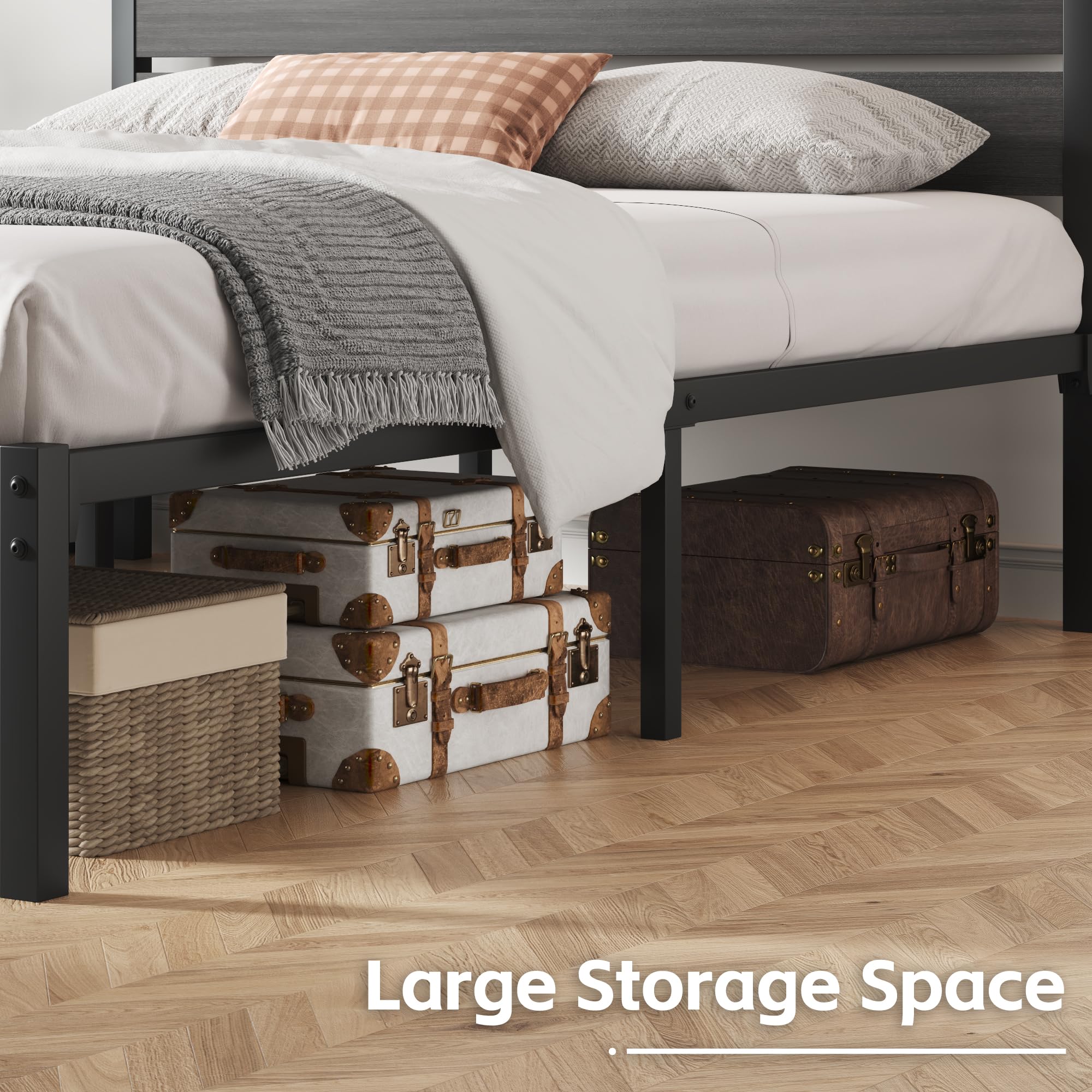 Queen Bed Frame with Headboard and Footboard, Metal Platform Bed Frame with Under Bed Storage, All-Metal Support System, , ,Rustic Grey