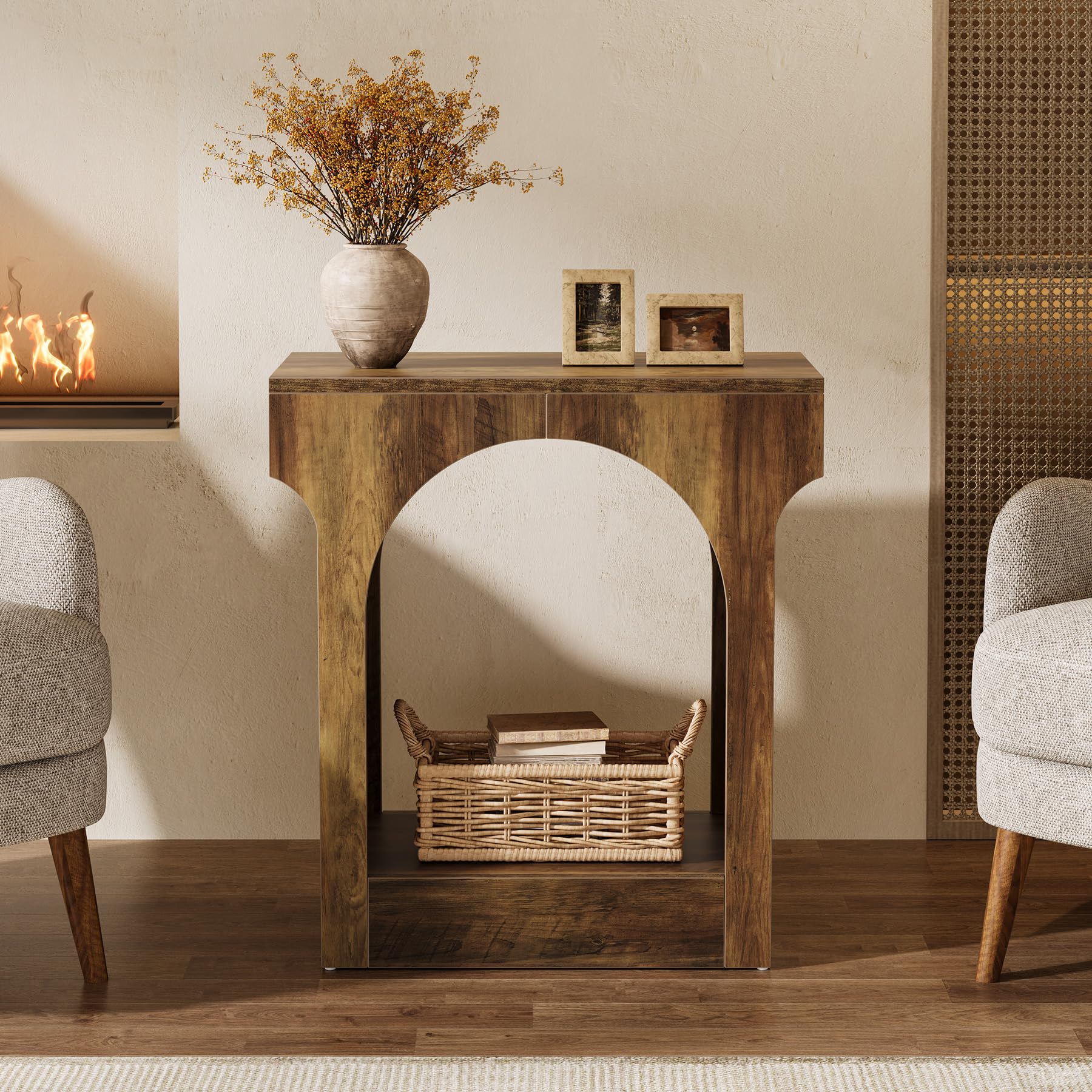 Wood End Table Set of 2, Side Table with Storage Space for Living Room, Narrow Nightstand for Bedroom, Rustic Brown