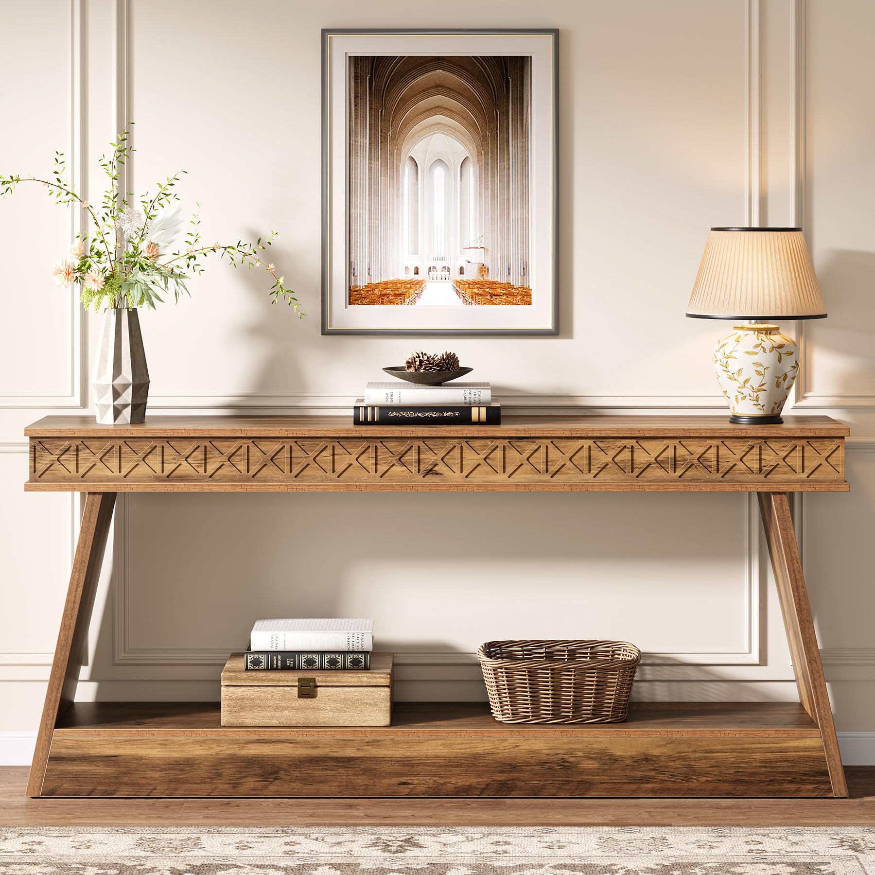 71" Farmhouse Console Table, Extra Long 2-Tier Entryway Table with Storage, Narrow Sofa Table for Living Room, Hallway, Foyer, Rustic Brown