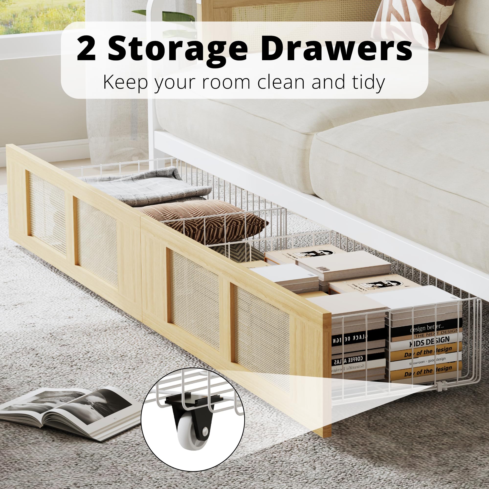 Twin Daybed with Storage Drawers, Rattan Style Corner Bed Frame with Strong Supports for Bedroom, Living Room, Guest Room