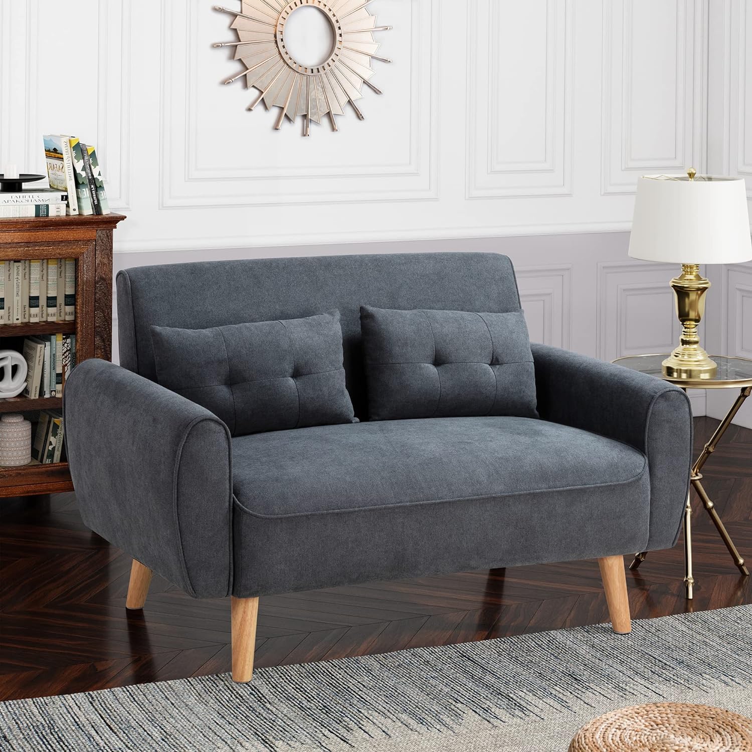 47" Modern Linen Loveseat Sofa with 2 Pillows, Dark Grey, Compact & Comfortable for Apartments, Studios & Small Spaces