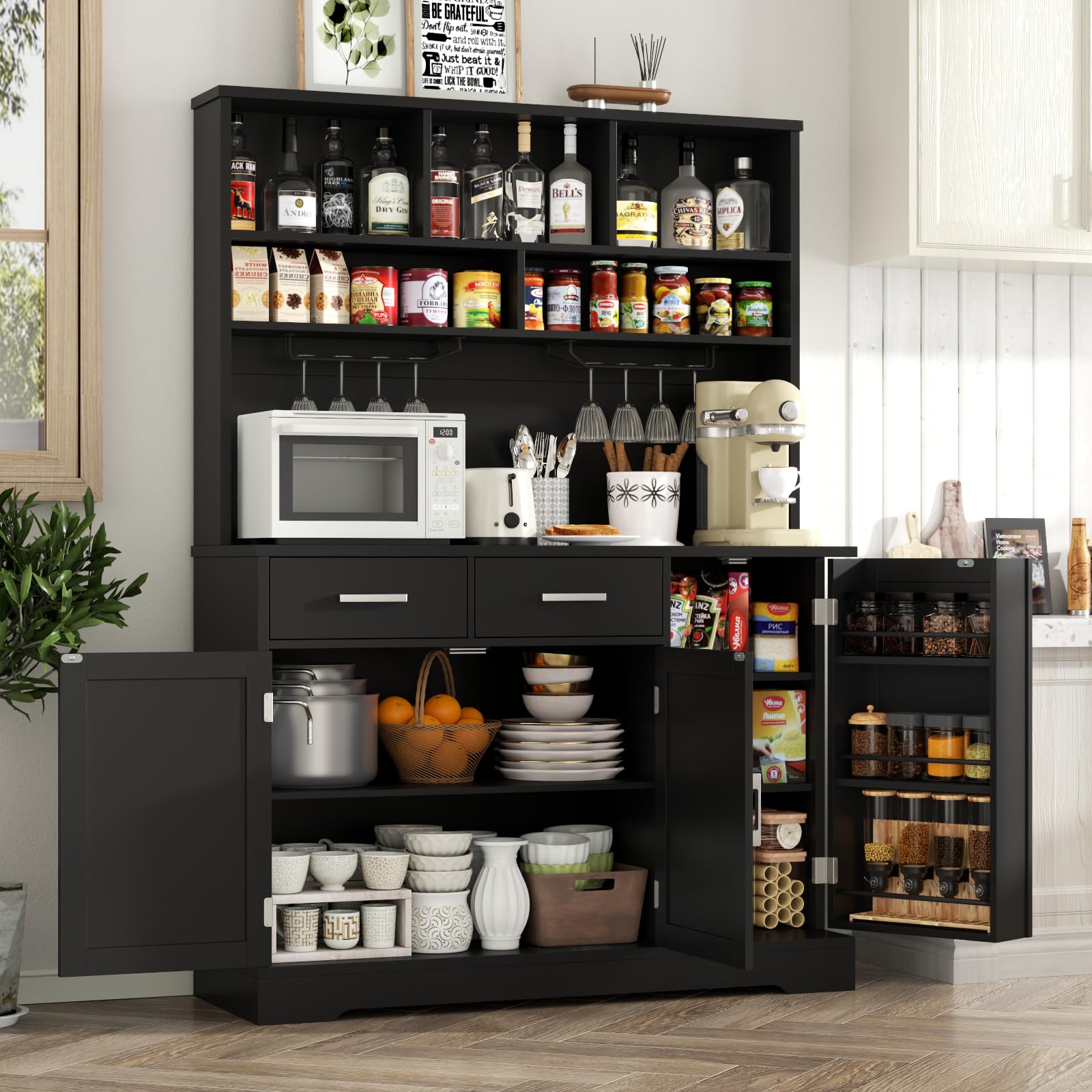 Pantry Storage Cabinet with 2 Drawers, Tall Kitchen Hutch Cabinet with Microwave Shelf, Modern Buffet Cabinets with Goblet Holders, Food