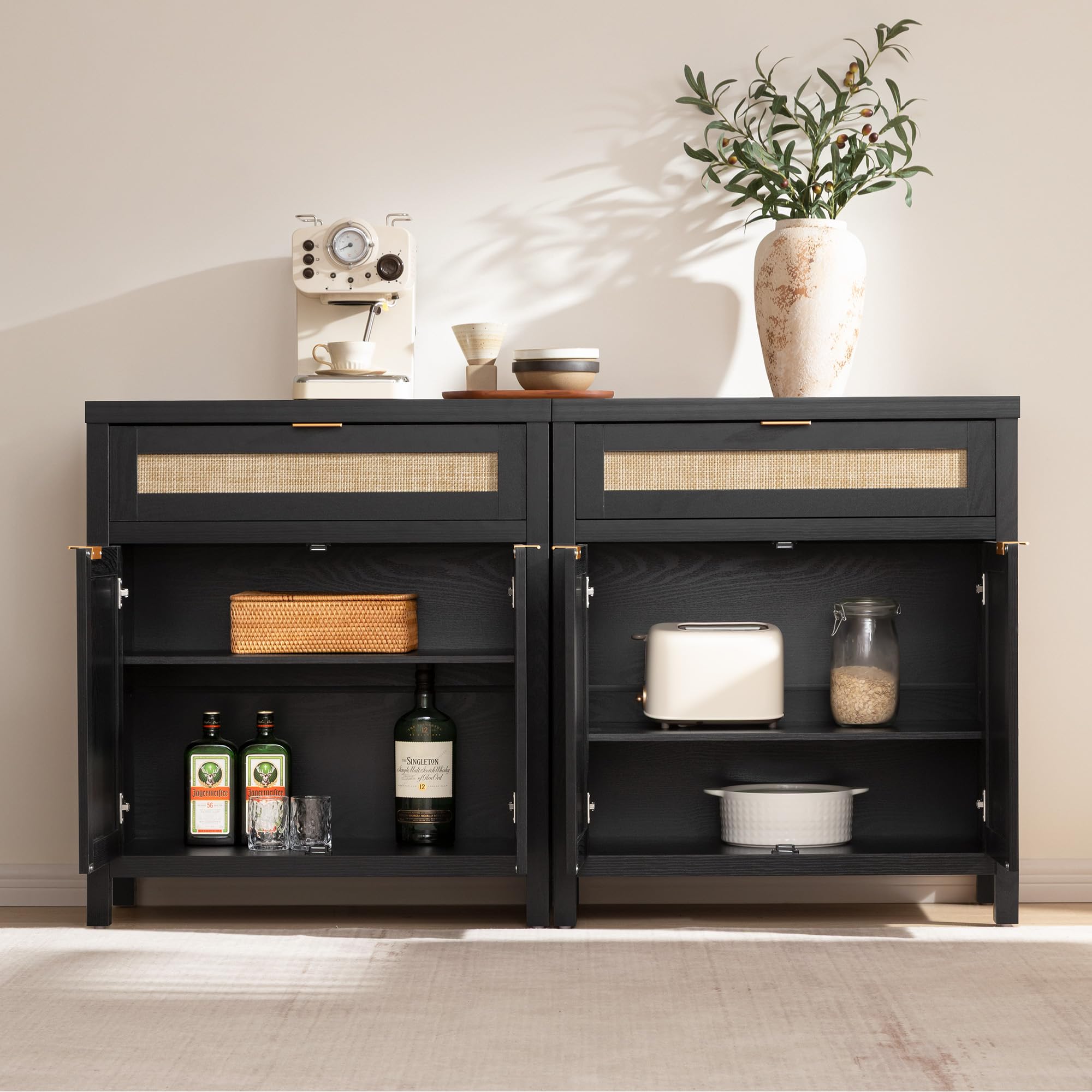 Sideboard Buffet Storage Cabinet Set of 2, Rattan Credenza Buffet Table, Modern Console Accent Cabinet with Doors and Drawer, Coffee Bar