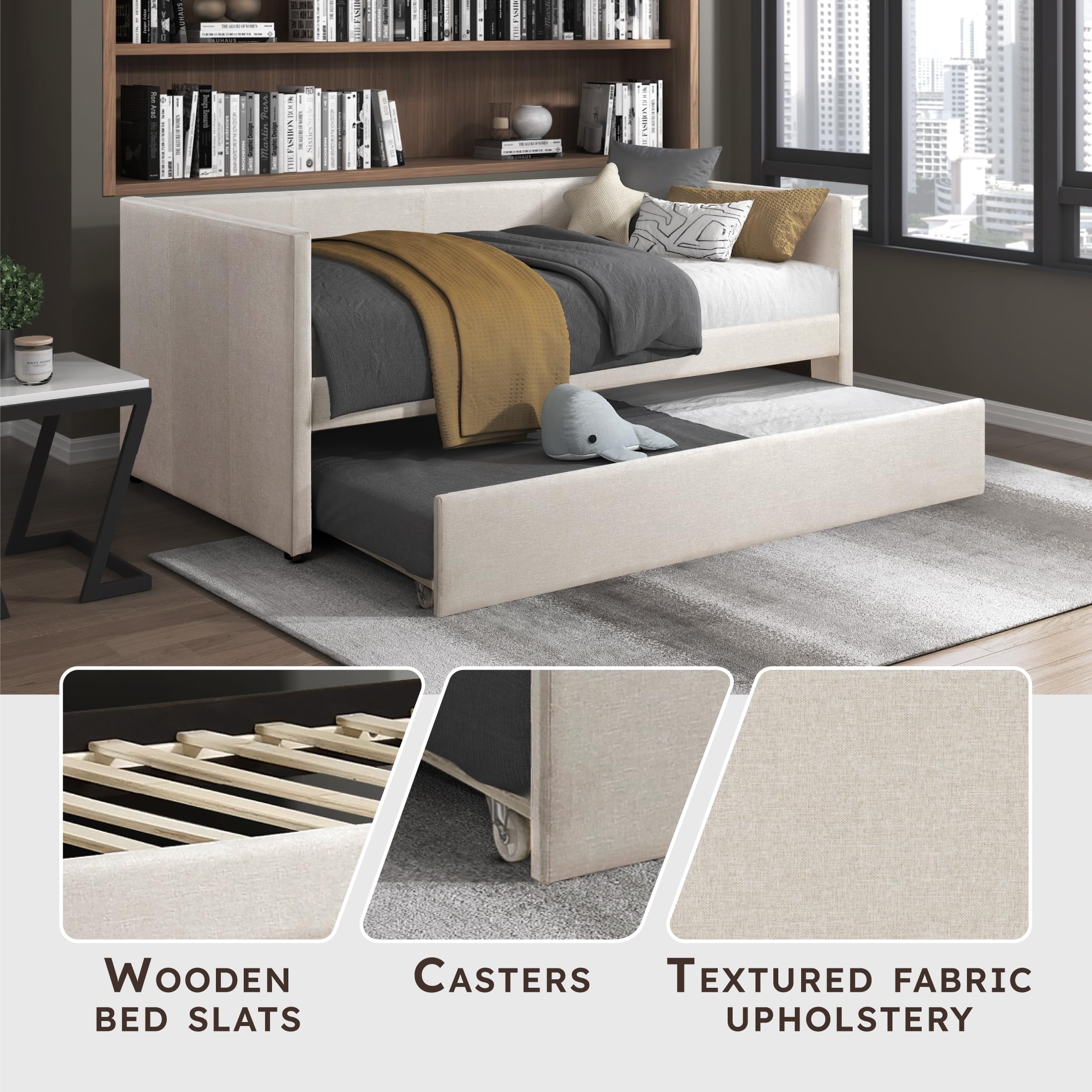 Upholstered Twin Daybed with Trundle, Textured Fabric Sofa Bed with Backrest & Wood Slat Support for Bedroom, Guest Room, Beige