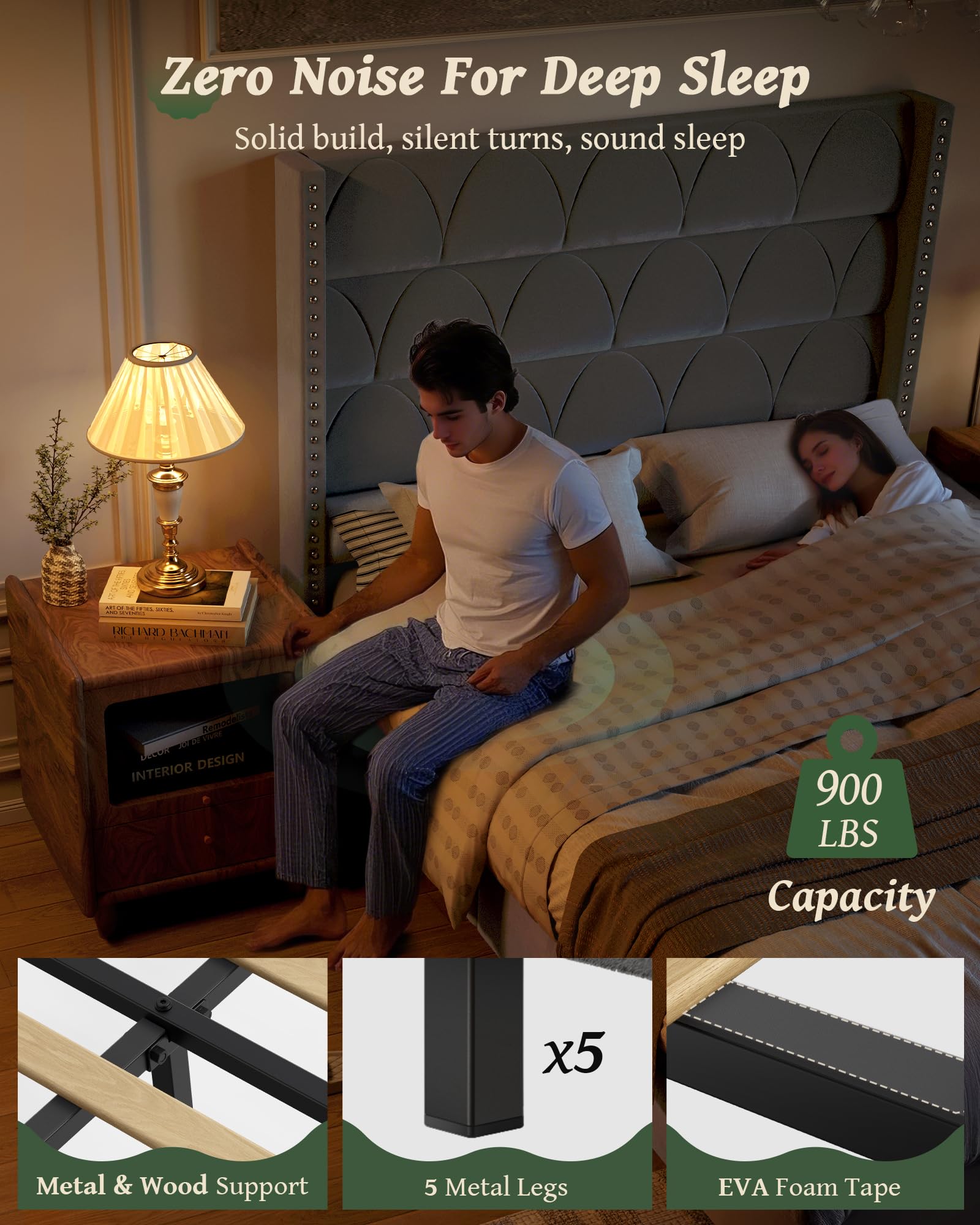 Queen Size Bed Frame with 56" Headboard - 1000LBS Capacity Support, Velvet Upholstered Wingback , Noise Free, Sturdy Wooden Slat Support