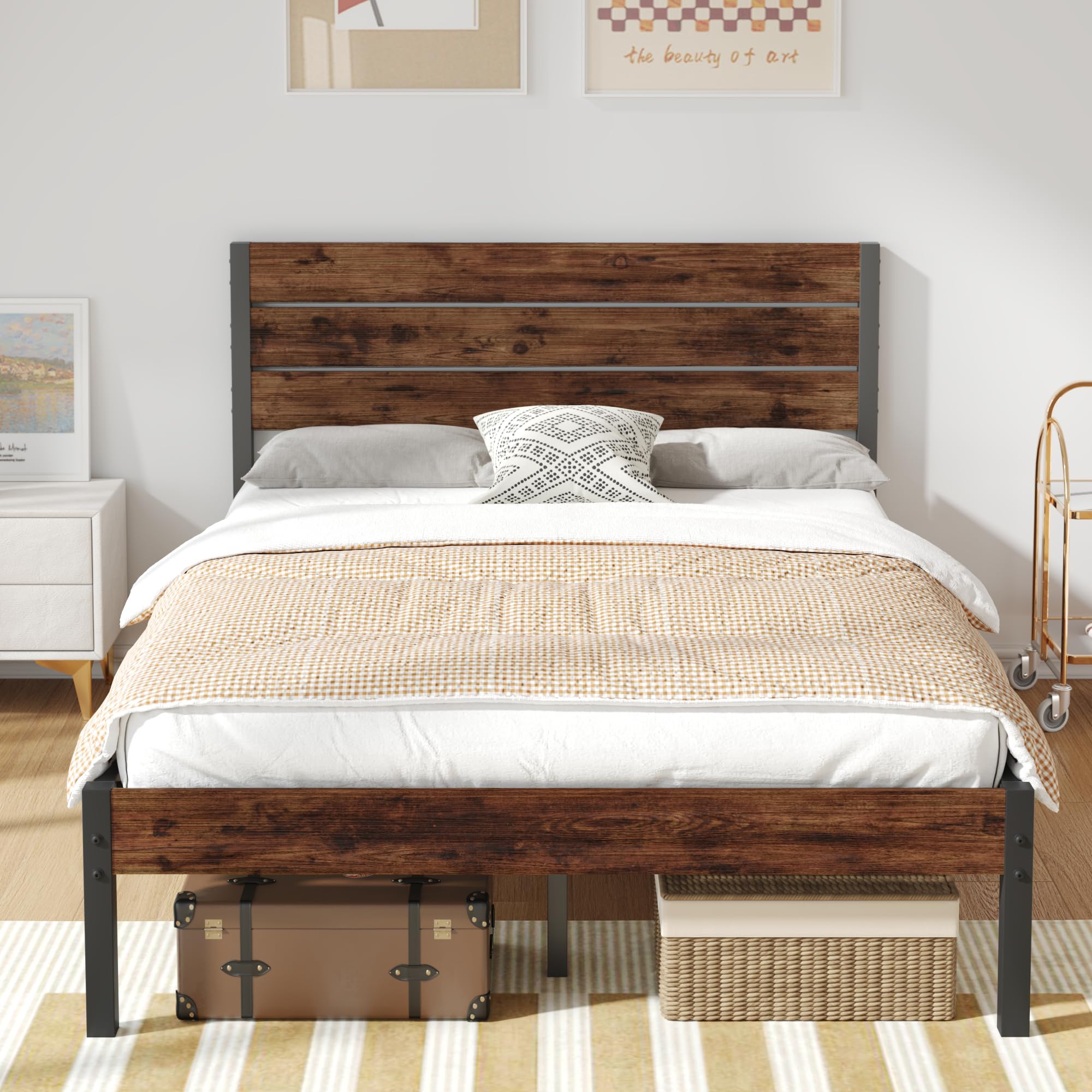 Full Bed Frame with Headboard and Footboard, Metal Full Bed Frame with Under Bed Storage, All-Metal Support System, , ,Rustic Brown