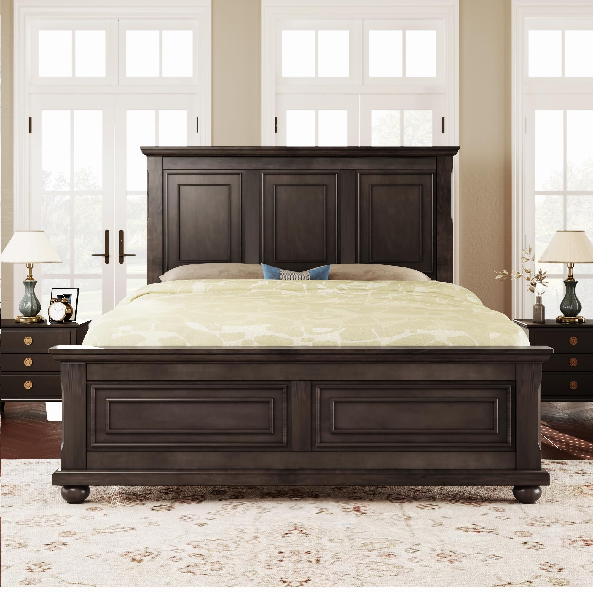 Traditional Town Bed Frames and Country Style Pinewood Vintage King Bed, Rich Brown