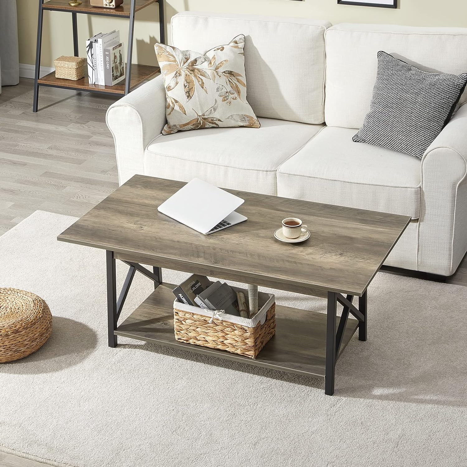 39" Coffee Table with Storage, Modern 2-Tier X-Frame Farmhouse Table for Living Room, Space-Saving, Easy Assembly, Grey Wash
