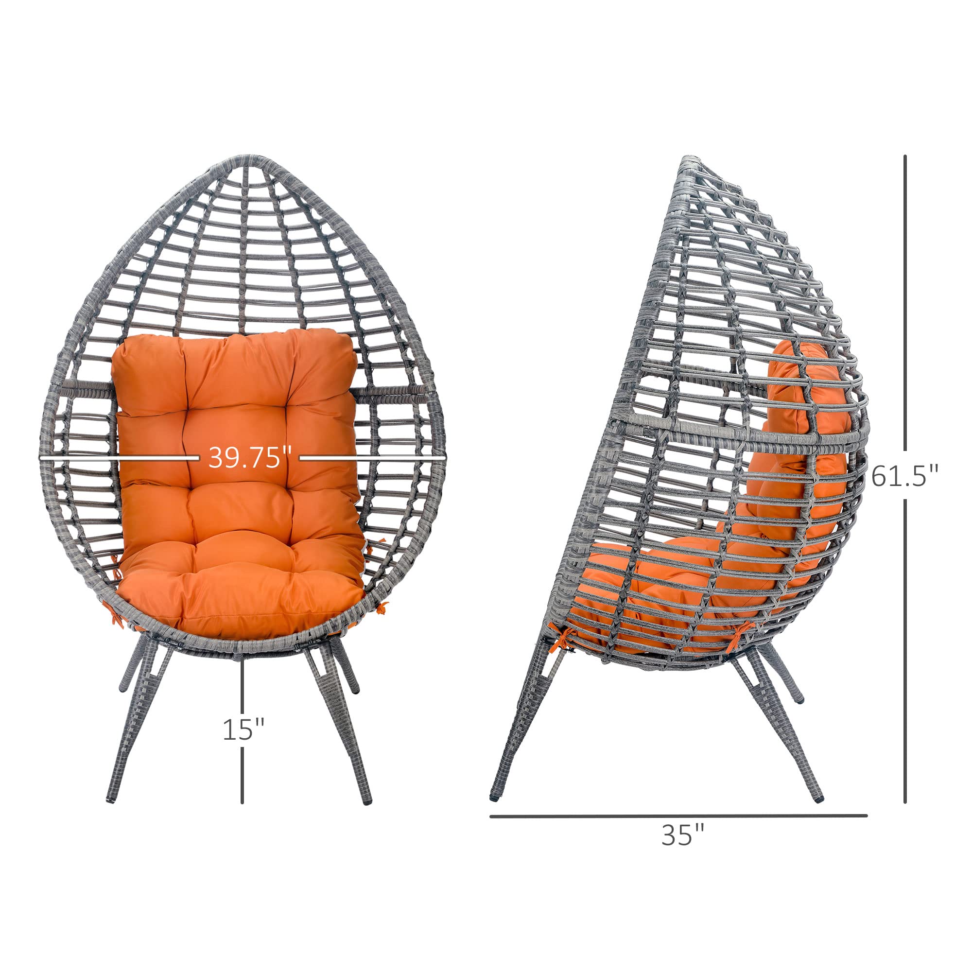 Patio Wicker Egg Chair with Soft Cushion, Teardrop Cuddle Seat, Indoor/Outdoor Rattan Chair with Adjustable Feet Pads, Orange