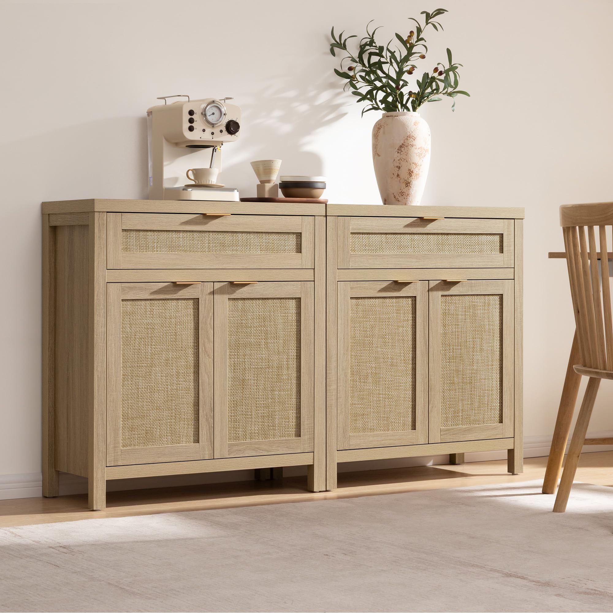 Sideboard Buffet Storage Cabinet Set of 2, Rattan Credenza Buffet Table, Boho Console Accent Cabinet with Doors and Drawer, Coffee Bar