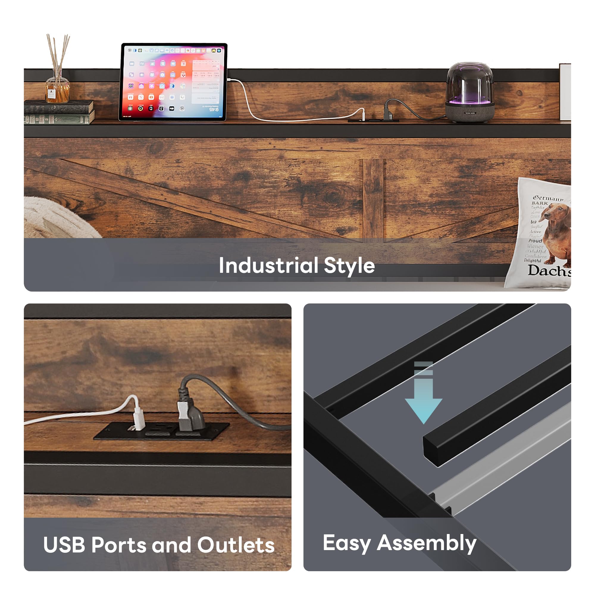 Twin Daybed with Trundle, Storage Headboard with Charging Station, Sturdy Sofa Bed for Bedroom, Living Room, Industrial Brown