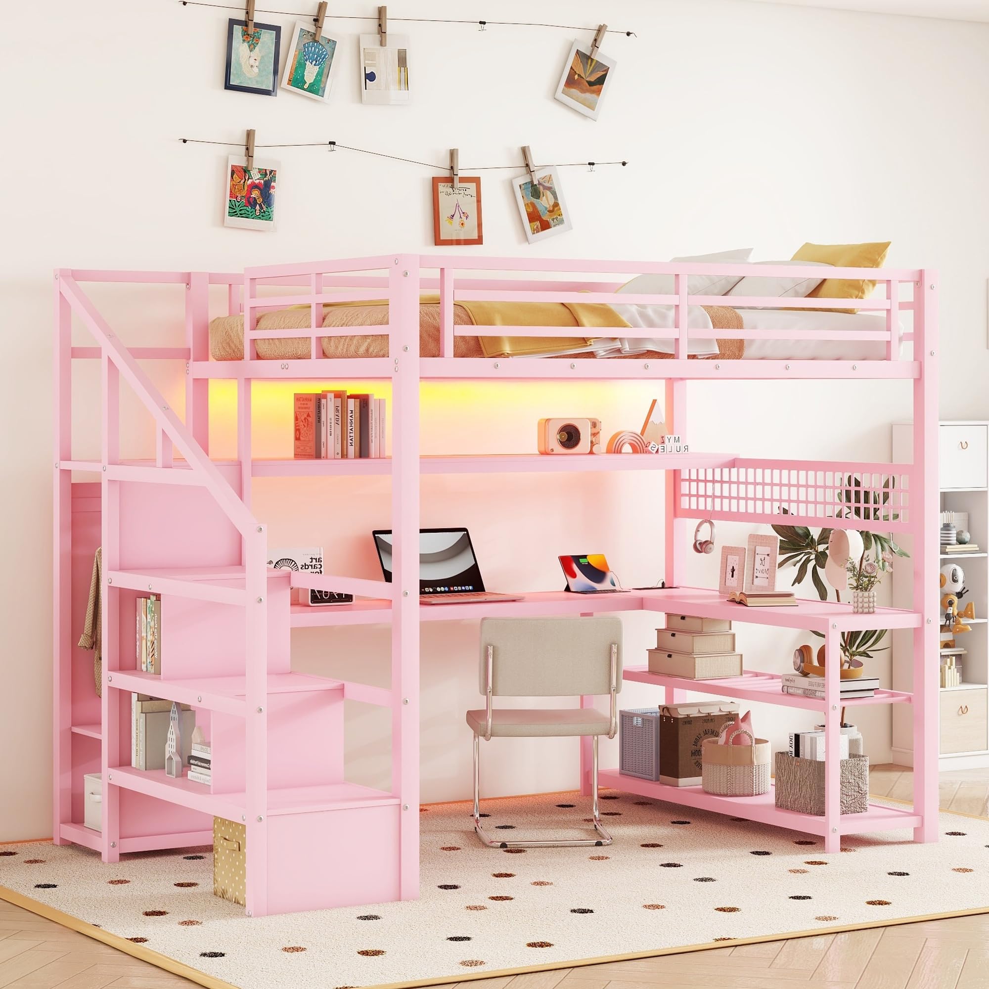 Full Size Metal Loft Bed with LED, Desk, Drawers, Shelves, Hanging Rod & Charging Station – Gaming Loft Bed for Teens/Kids, Pink