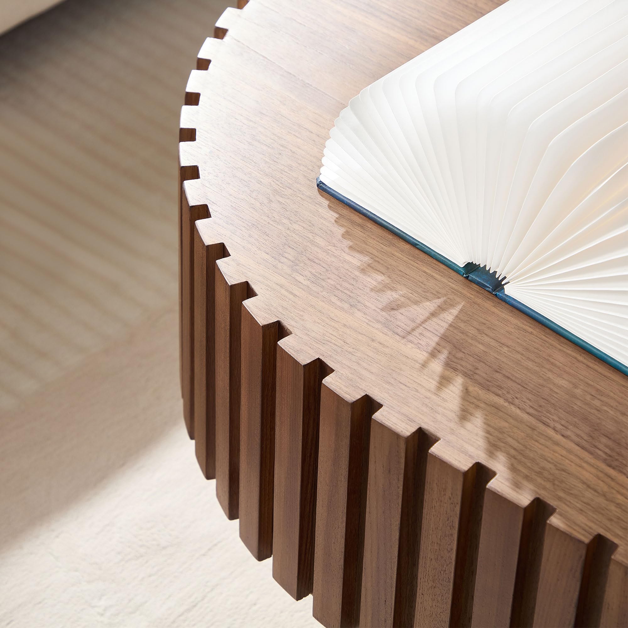 Oval Coffee Table for Living Room Fluted Coffee Table with Pedestal Modern Handcrafted Centre Table Tea Table Easy Assembly 43.7" Walnut