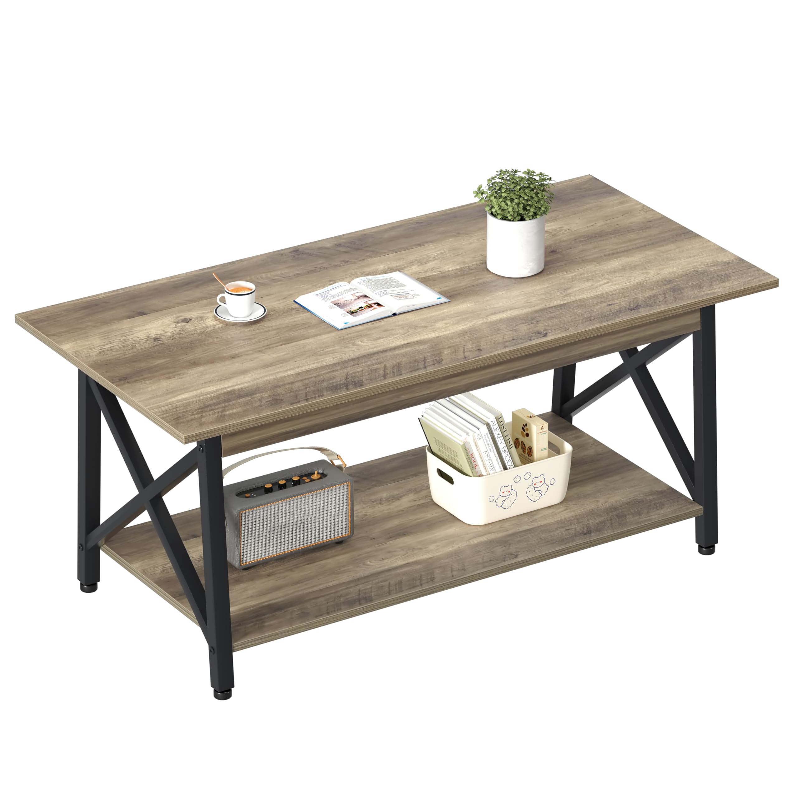 39" Coffee Table with Storage, Modern 2-Tier X-Frame Farmhouse Table for Living Room, Space-Saving, Easy Assembly, Grey Wash