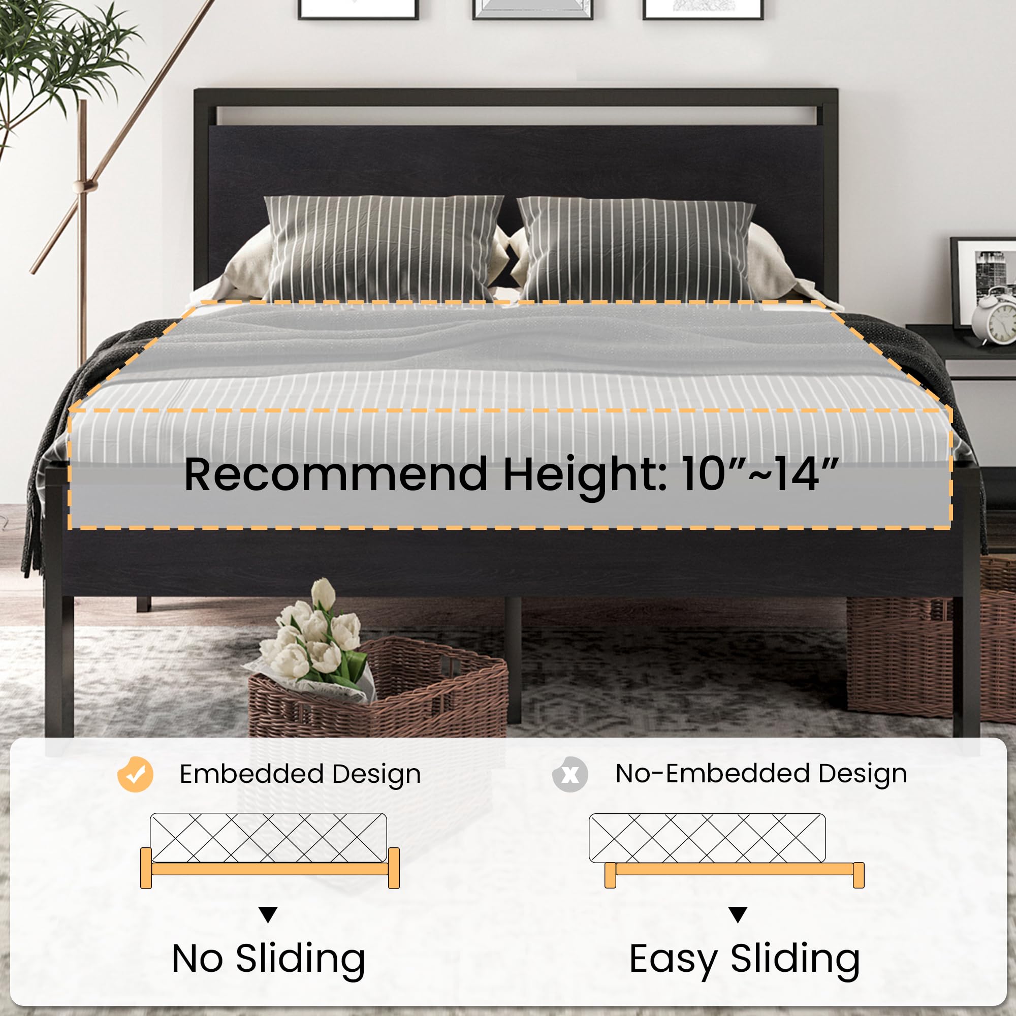 14 Inch Full Size Metal  with Wooden Headboard and Footboard, , , Large Under Bed Storage, Non-Slip Without Noise, Black Oak