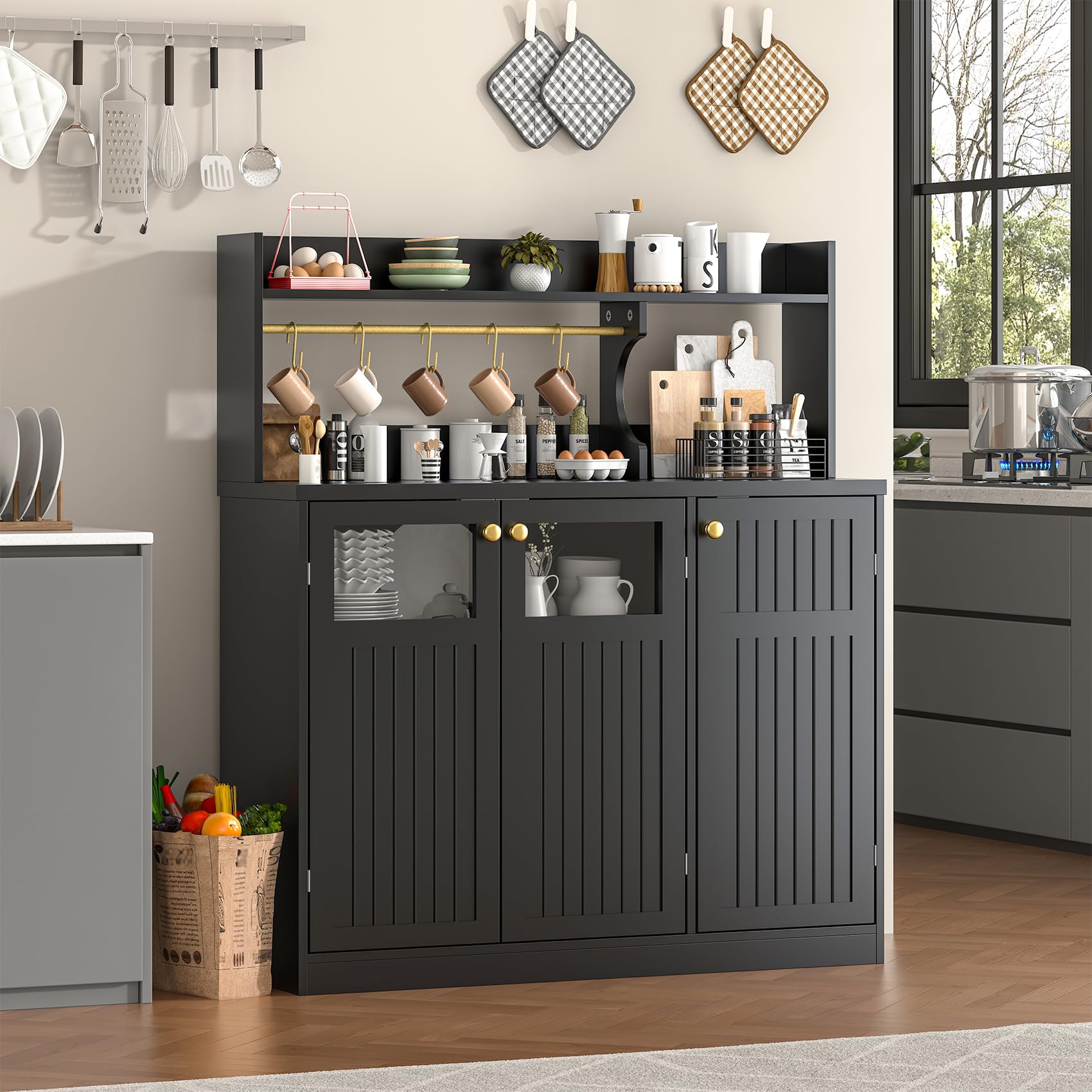 48'' Tall Buffet Sideboard Cabinet with 3 Doors and 5-Tier Shelf, Buffet Table Coffee Bar Wine Bar Storage Cabinet with Hooks for Dining