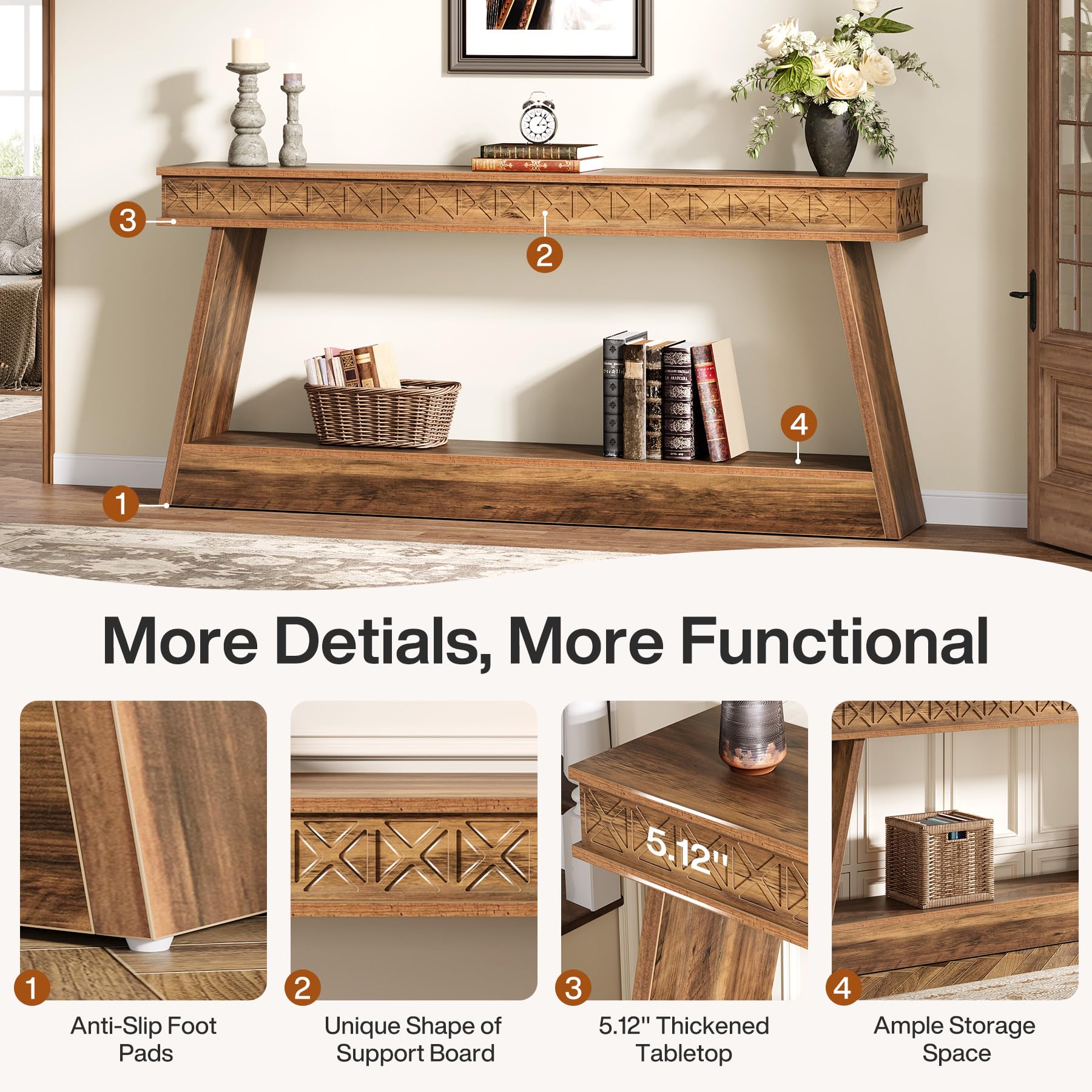 71" Farmhouse Console Table, Extra Long 2-Tier Entryway Table with Storage, Narrow Sofa Table for Living Room, Hallway, Foyer, Rustic Brown