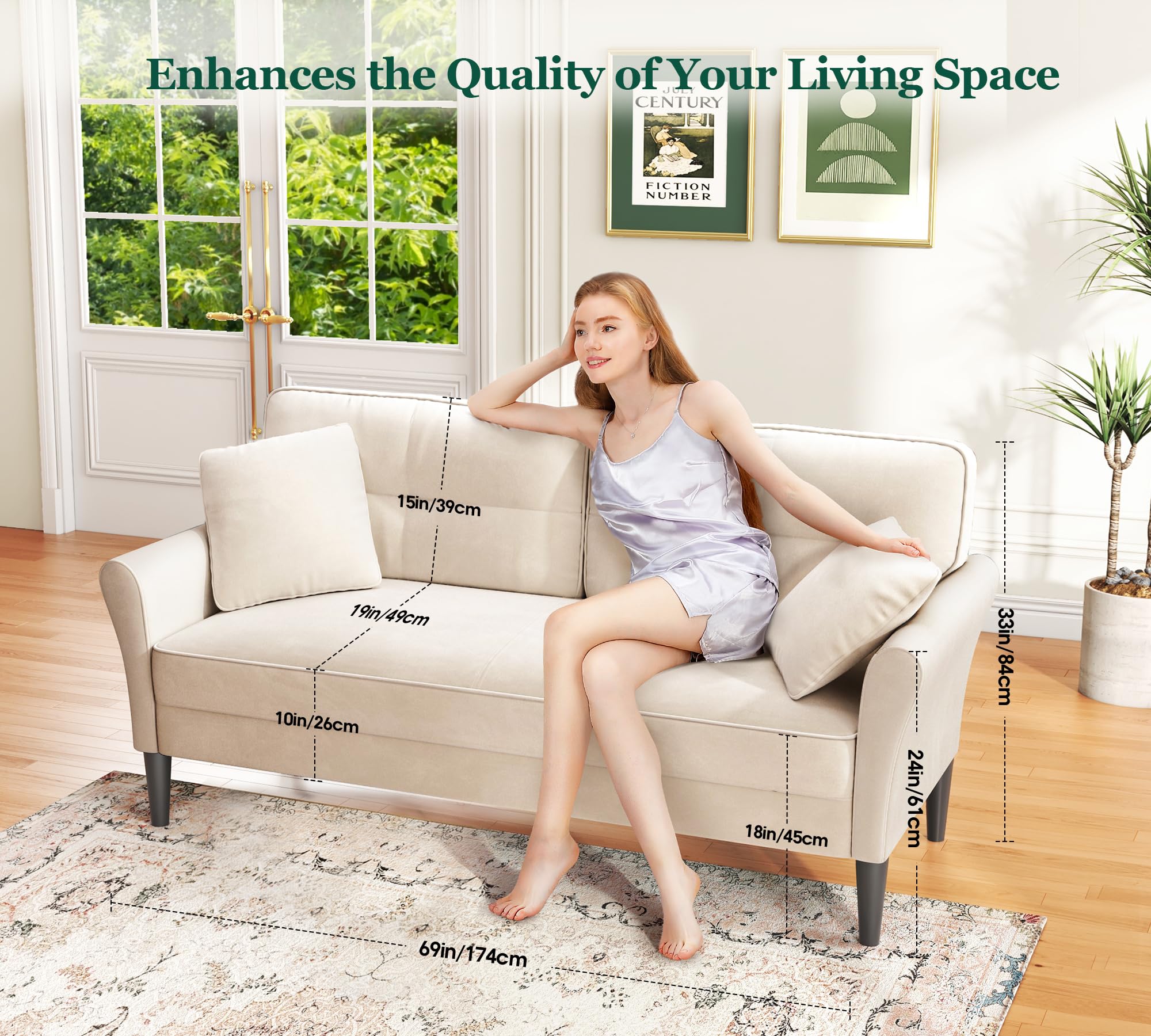 69" Small Sofa with 2 Pillows, Comfy Loveseat Couch with 700lb Capacity, Tool-Free Setup, Mini Couch for Living Room, Bedroom, White