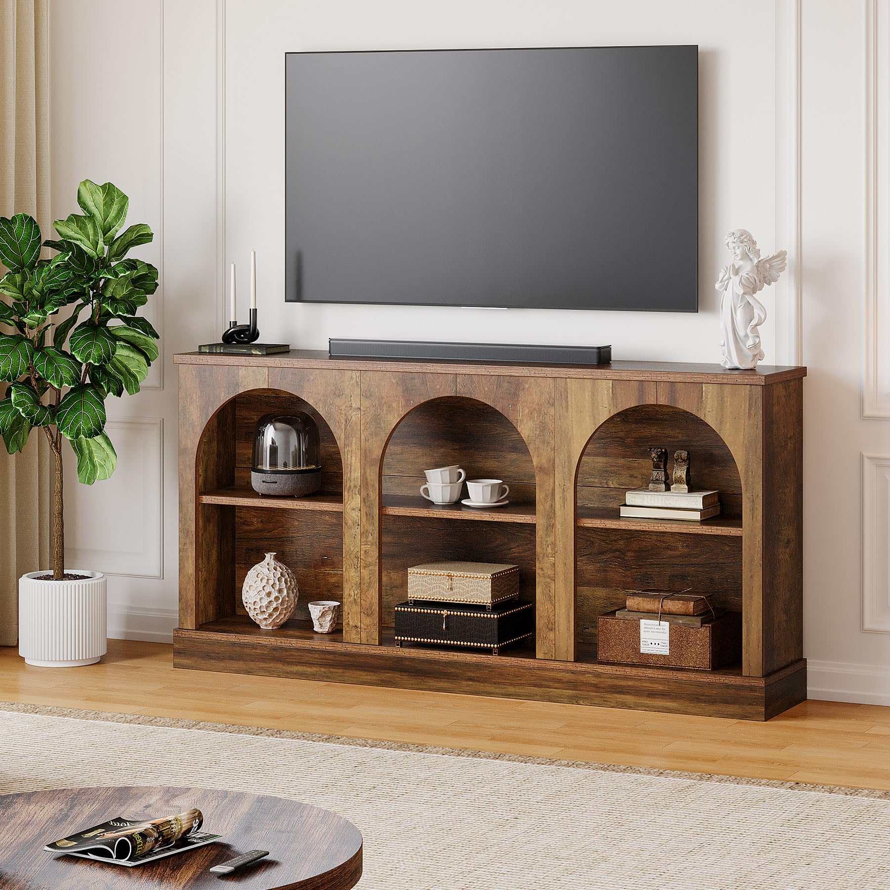 TV Consoles for Living Room, Television Stand for 55/60/65 Inch TV, Farmhouse Media Entertainment Center Stand with Storage Cabinets, Rustic Brown