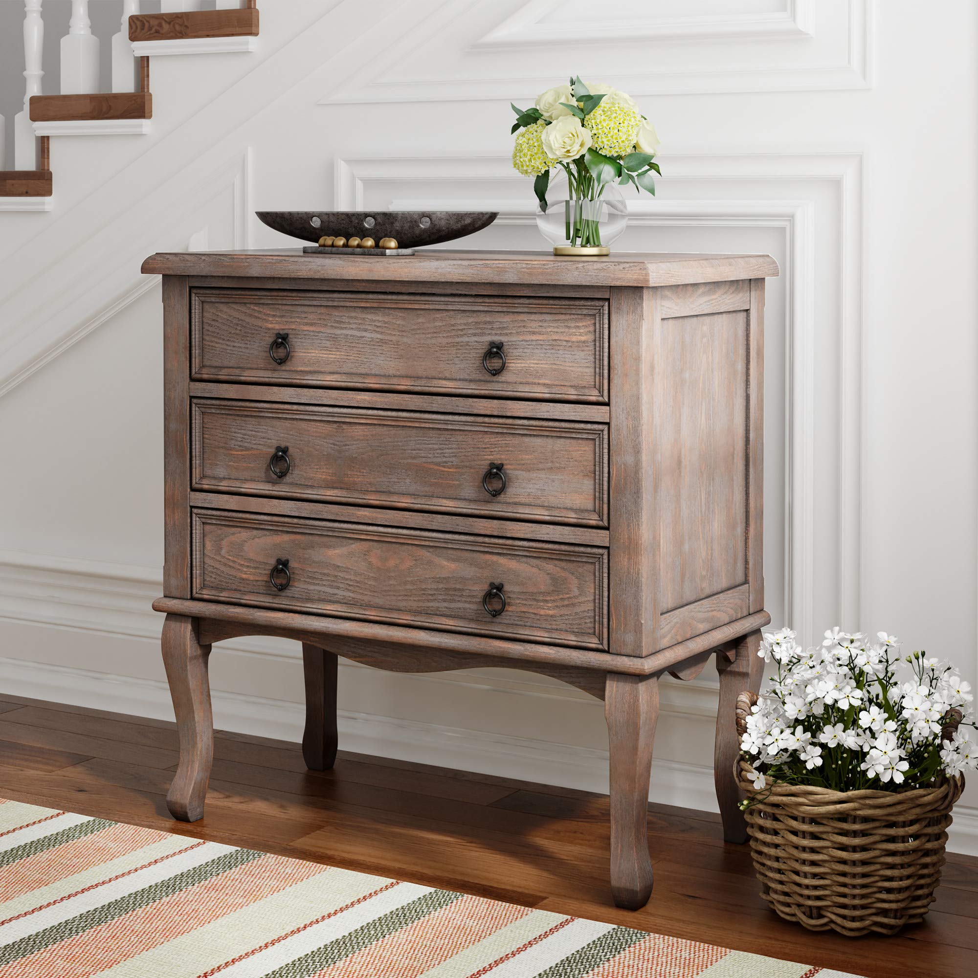Thomas Antique Country Style Dresser Chest with 3 Drawers, Weathered Wood Nightstand Living Room Accent Furniture, Black Ring Handle, Curved Legs, Grey